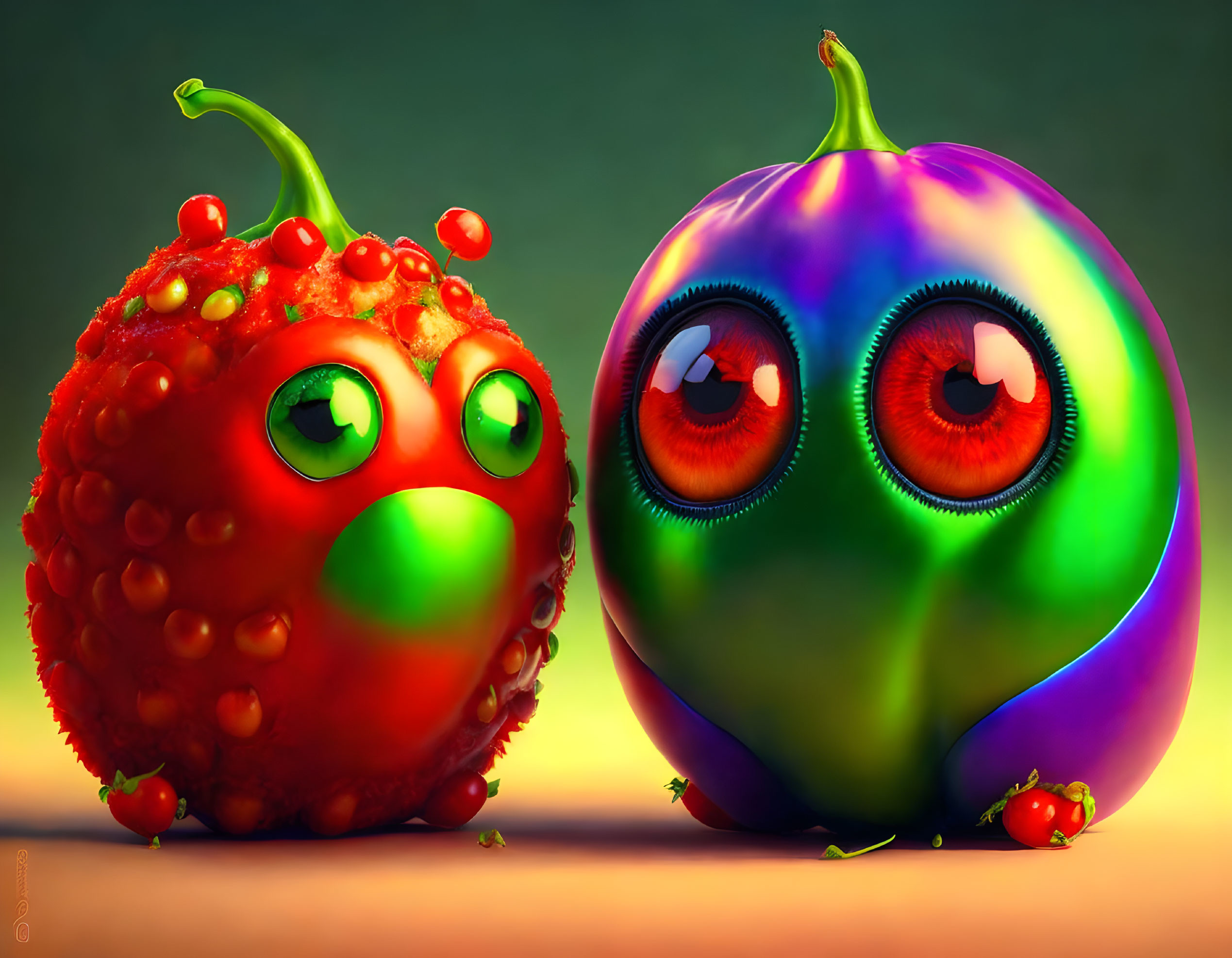 Colorful anthropomorphic fruit characters on soft background