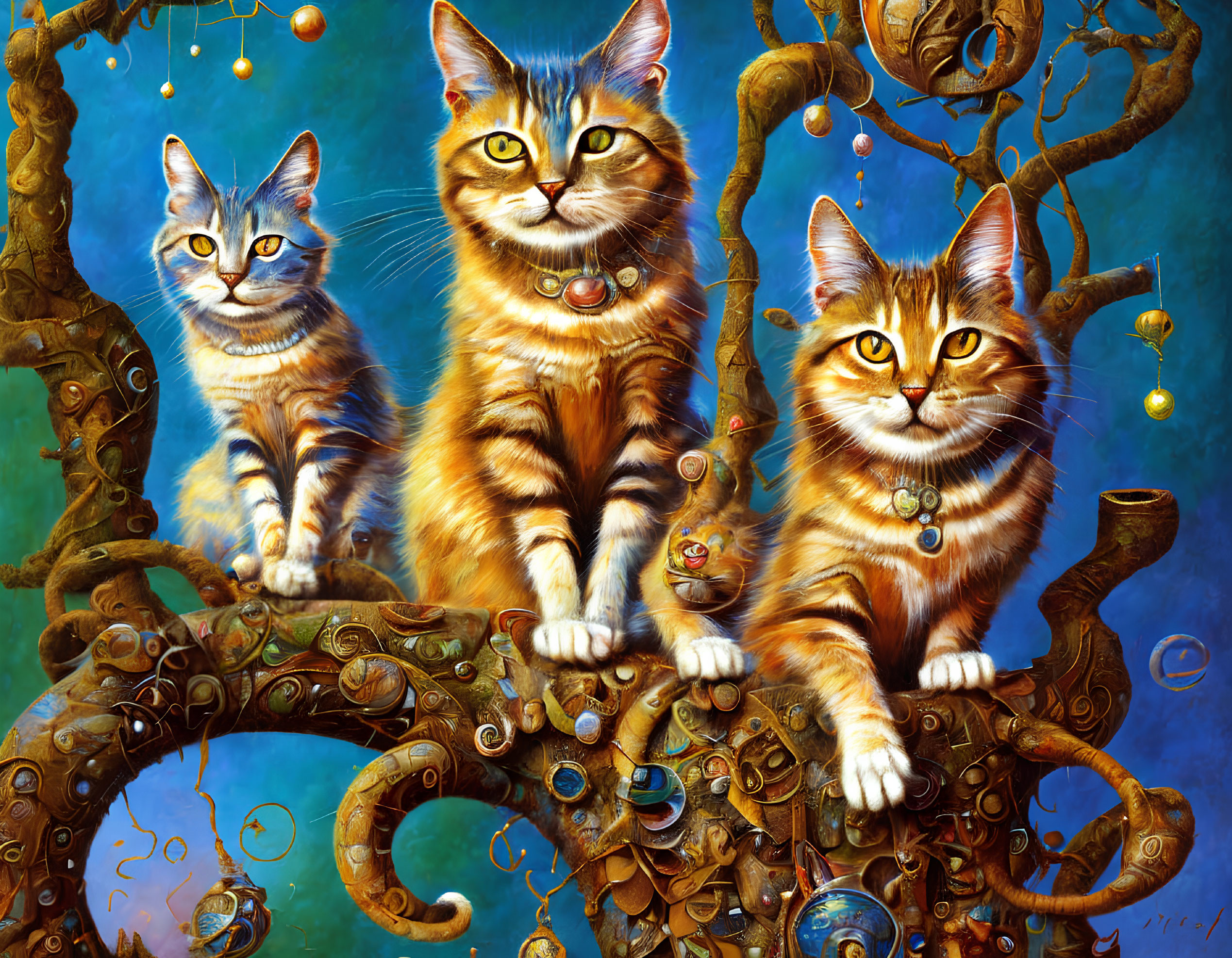 Whimsical cats on ornate tree with golden swirls in vibrant blue setting