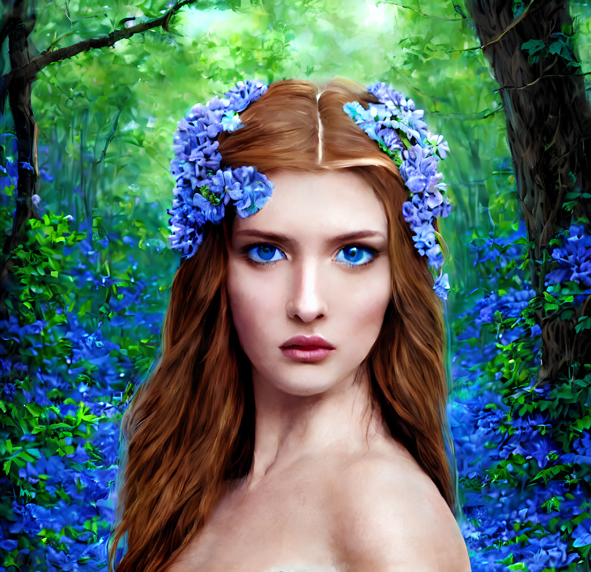 Red-haired woman in bluebell forest with floral crown and blue eyes