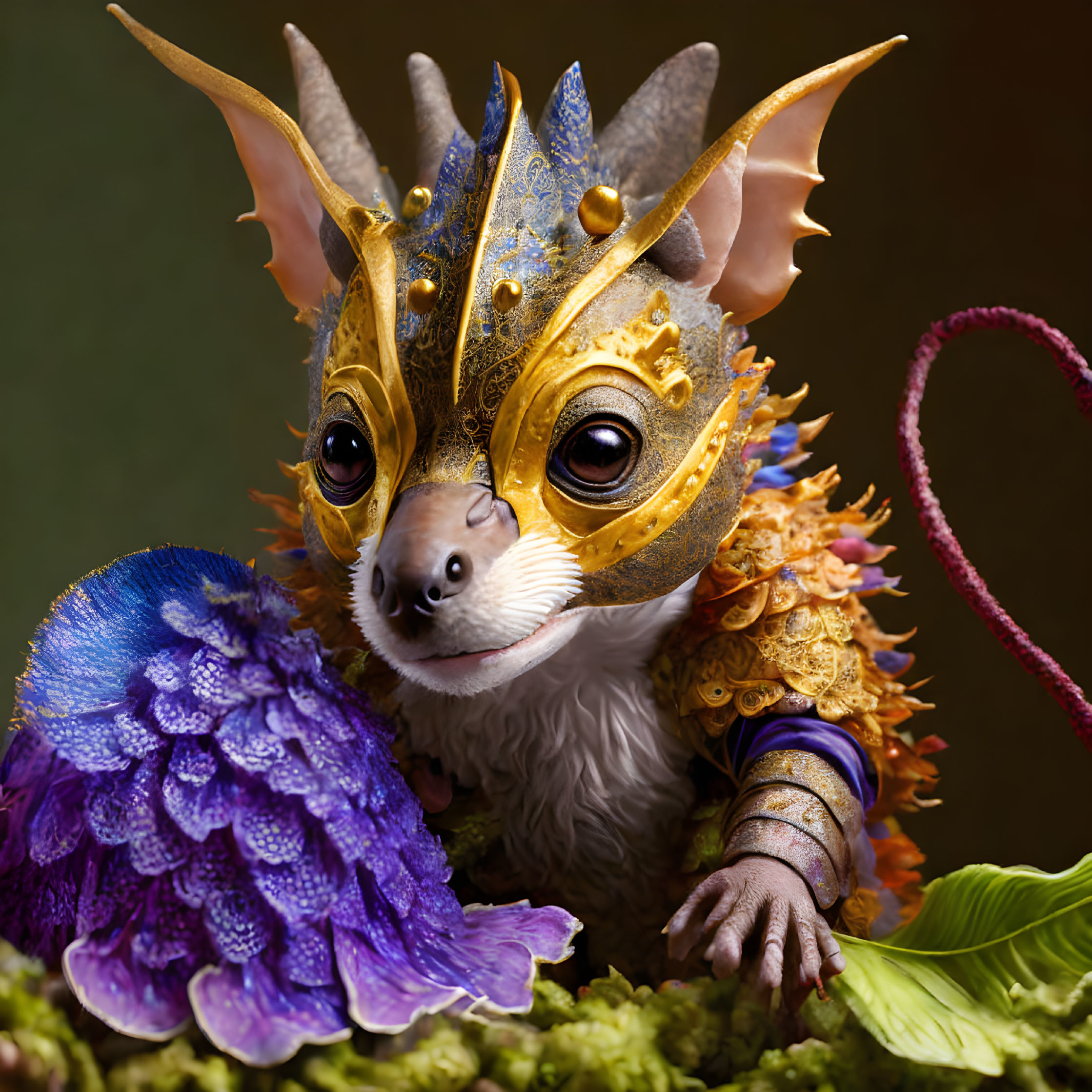 Fantastical creature with large eyes and golden mask among lush greenery