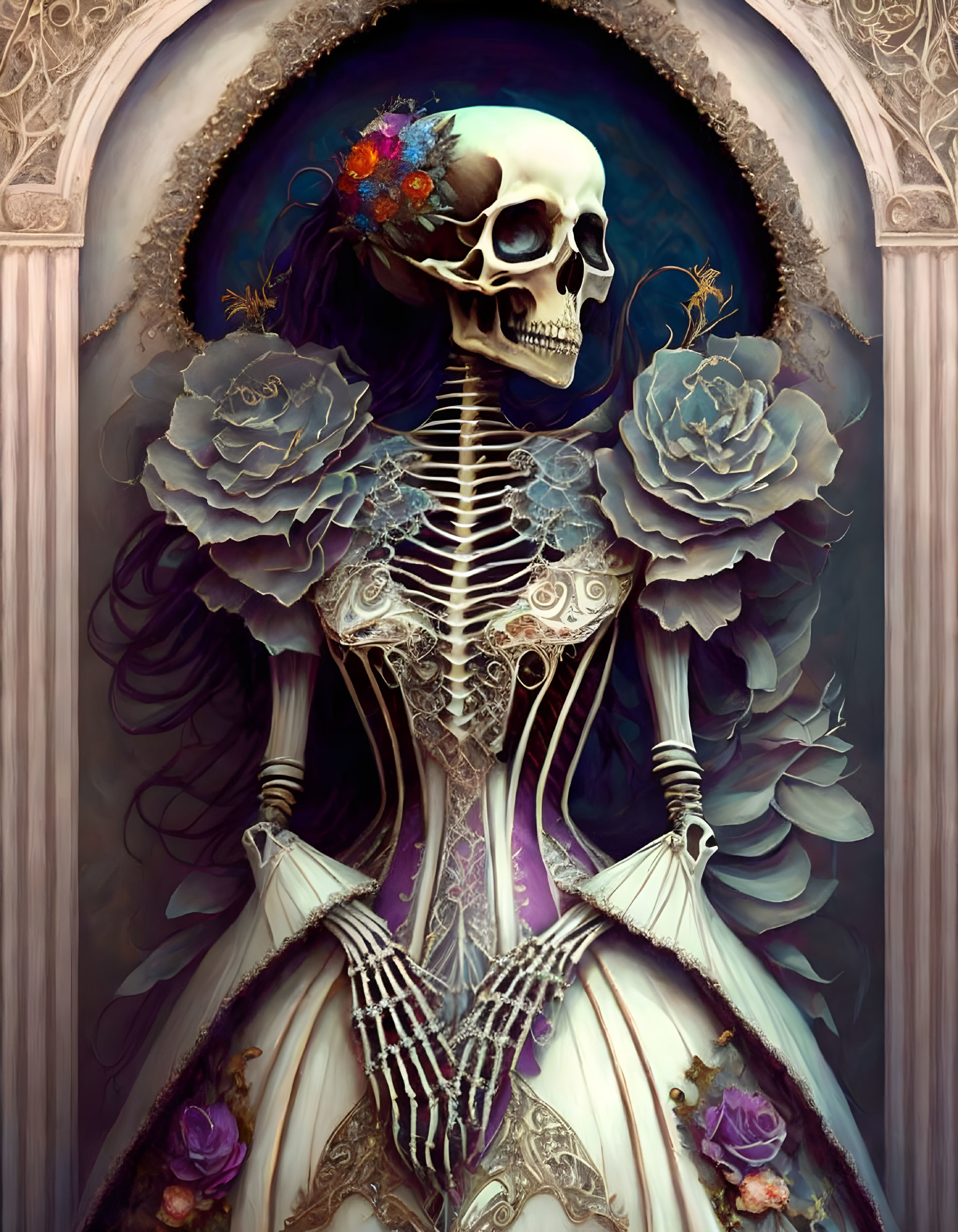 Skeletal Figure in Floral Crown and Gothic Dress Setting