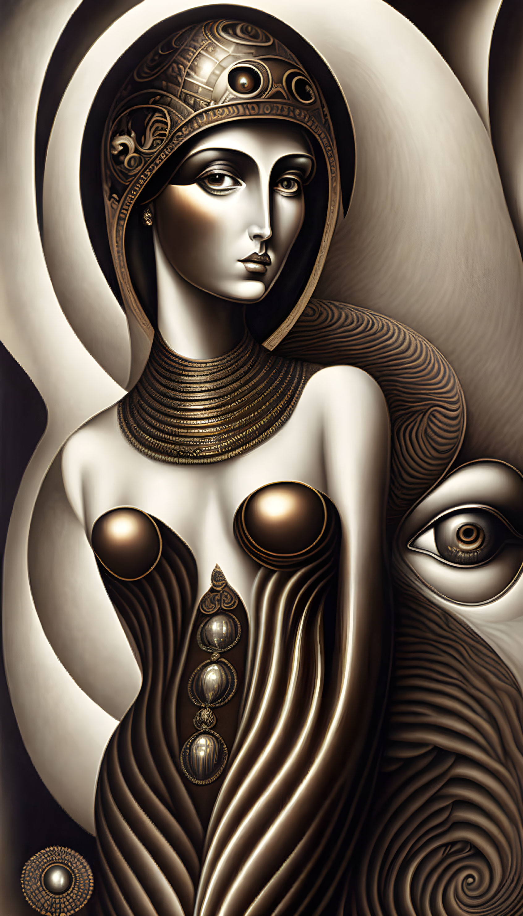 Stylized metallic woman with elaborate headgear and symbolic motifs