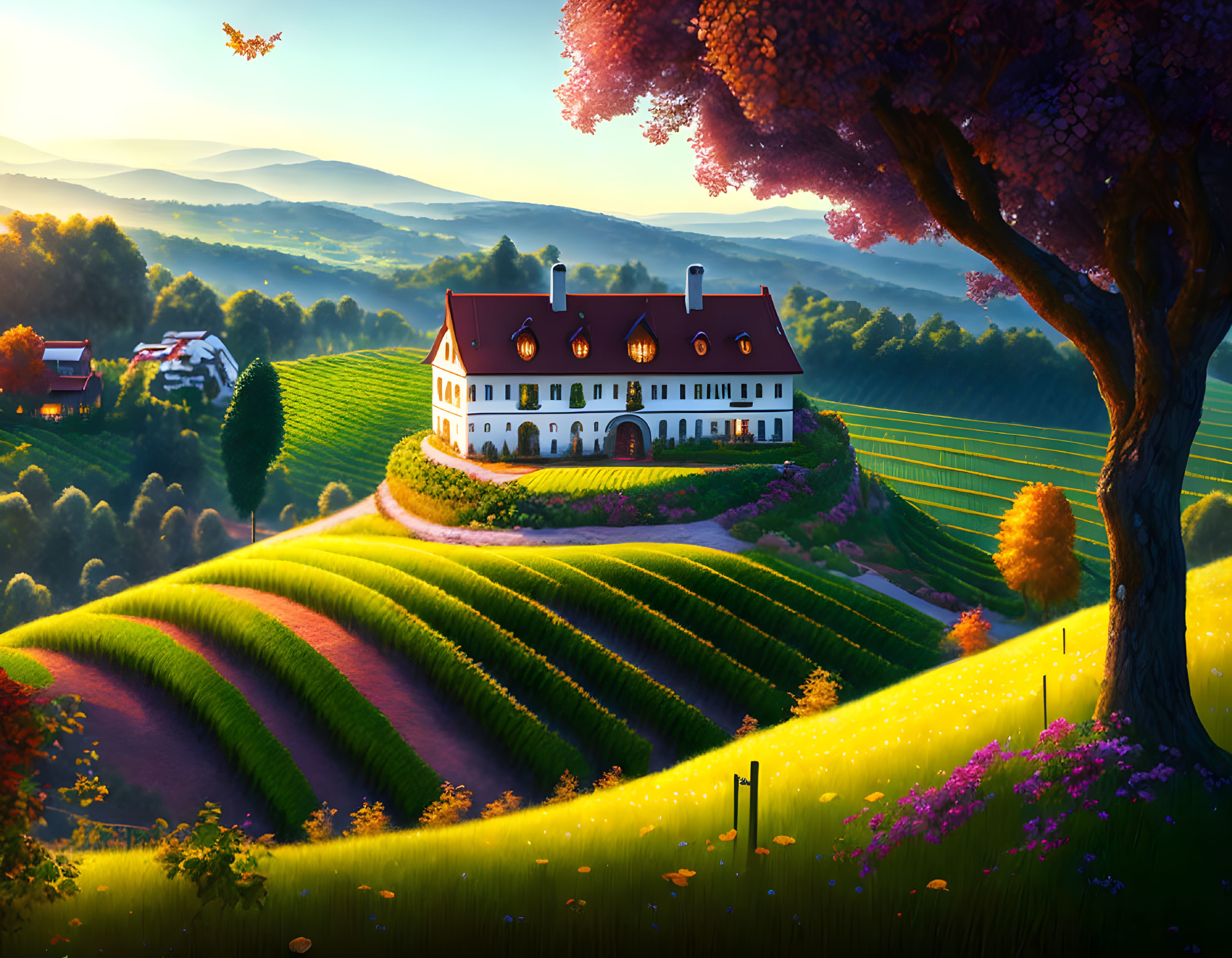 Grand white house in vibrant landscape with terraced fields and sunset.