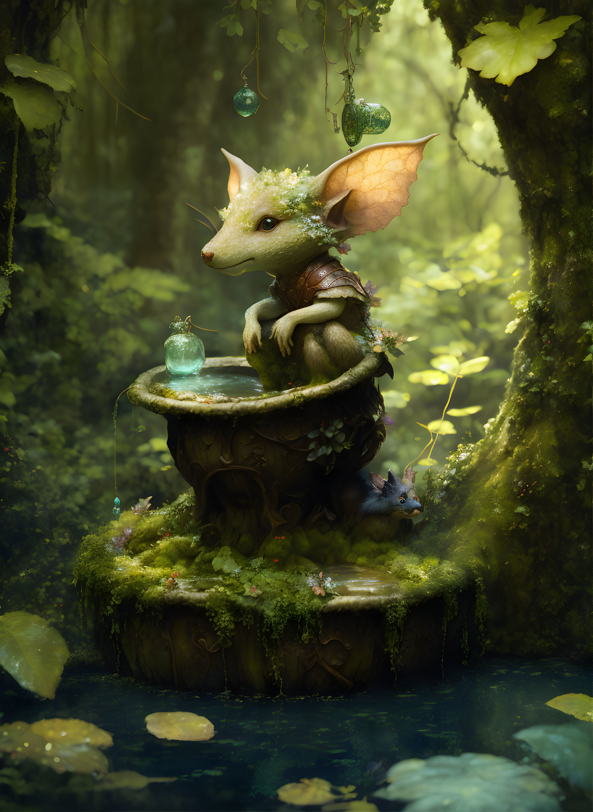 Anthropomorphic winged mouse on mushroom in enchanted forest with lantern