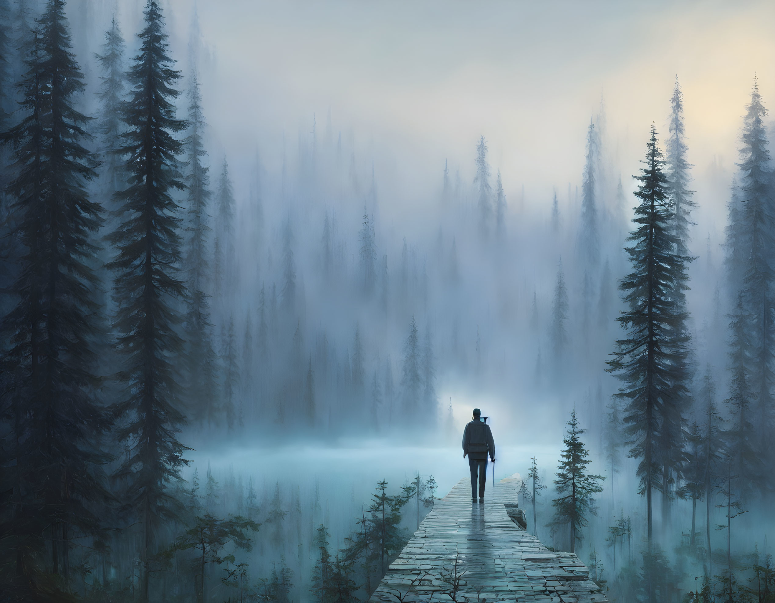 Solitary Figure Walking on Misty Forest Path