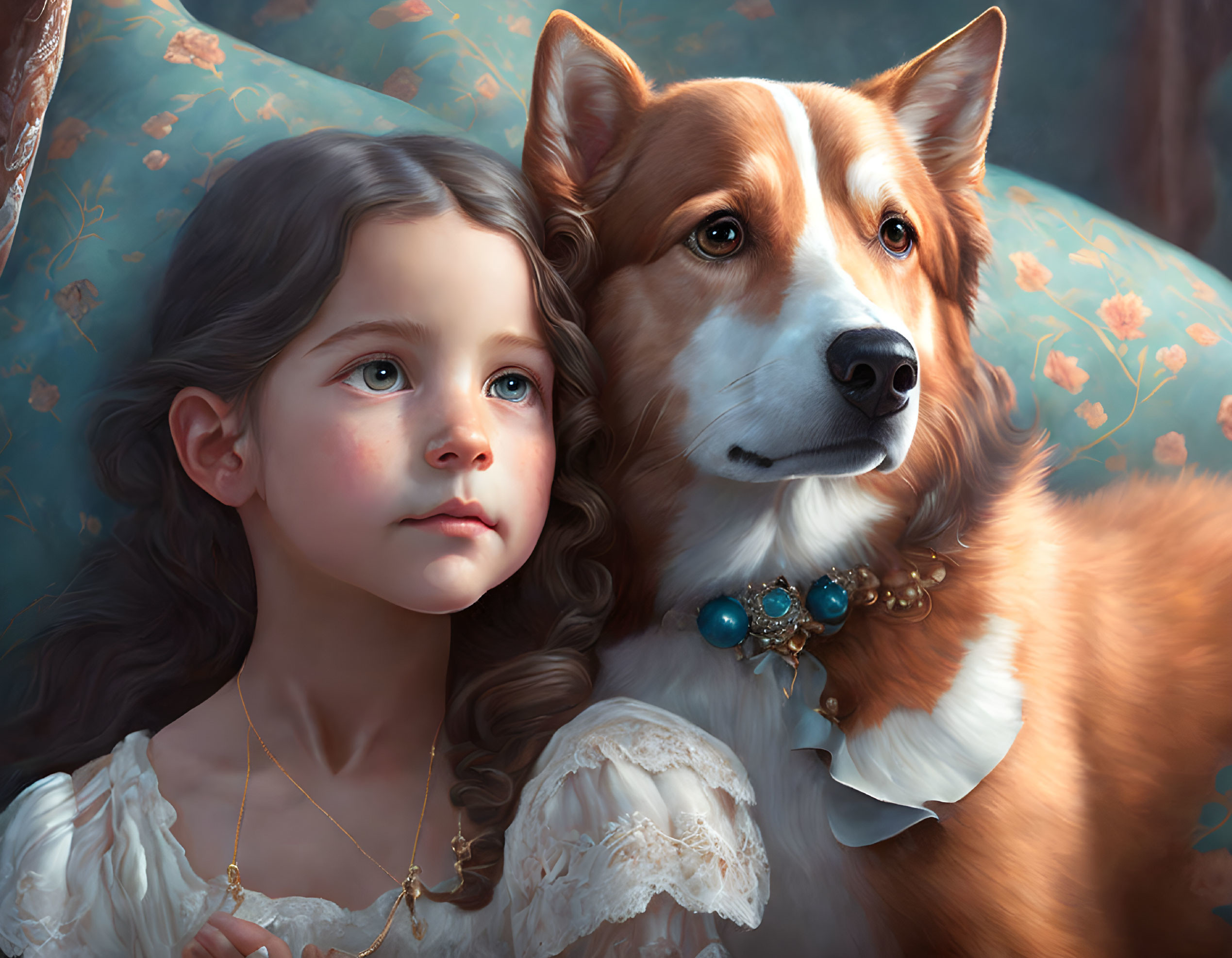 Young girl with brown hair and Corgi dog against blue floral backdrop