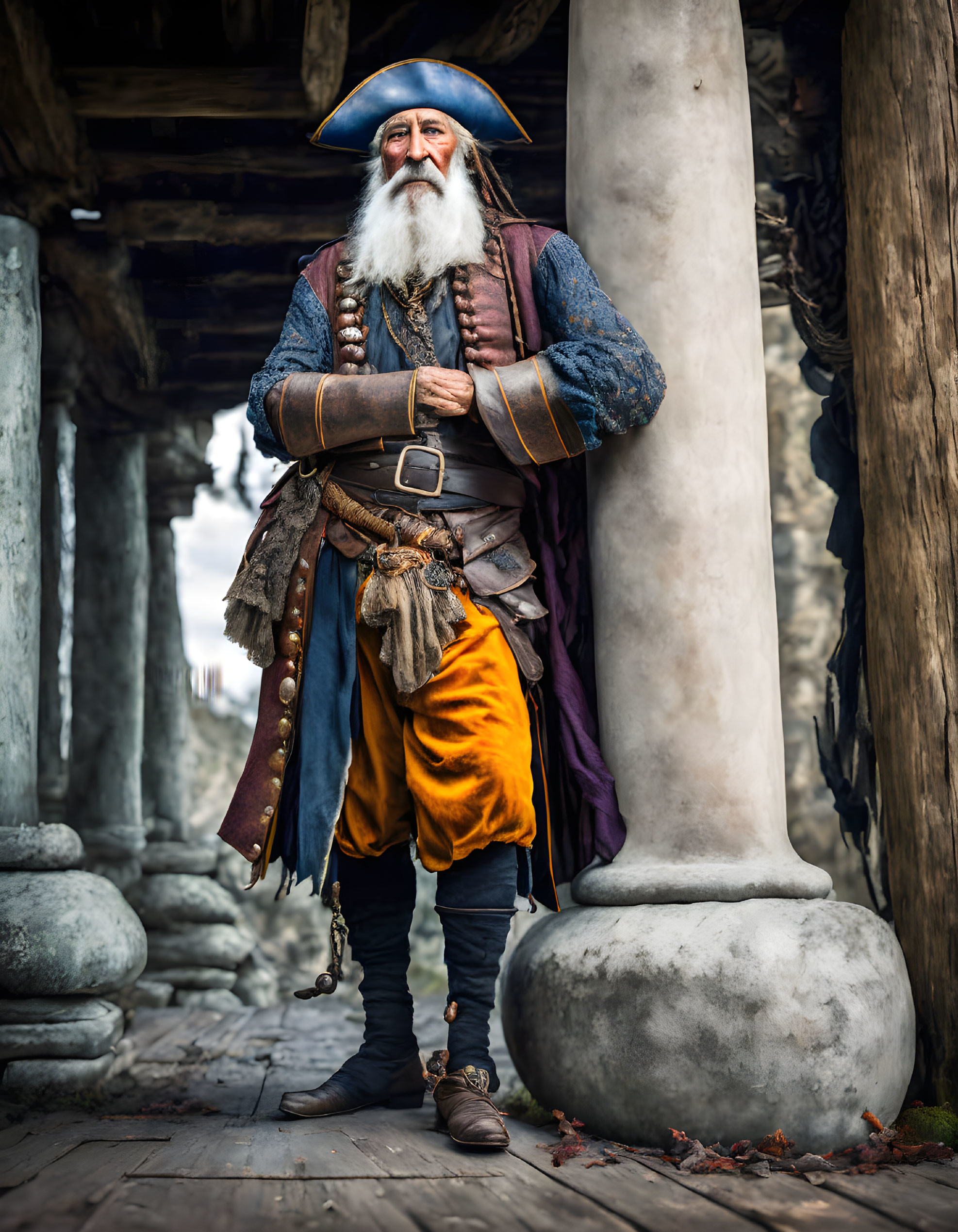 Pirate costume with blue coat, orange pants, holding flintlock pistol between stone pillars