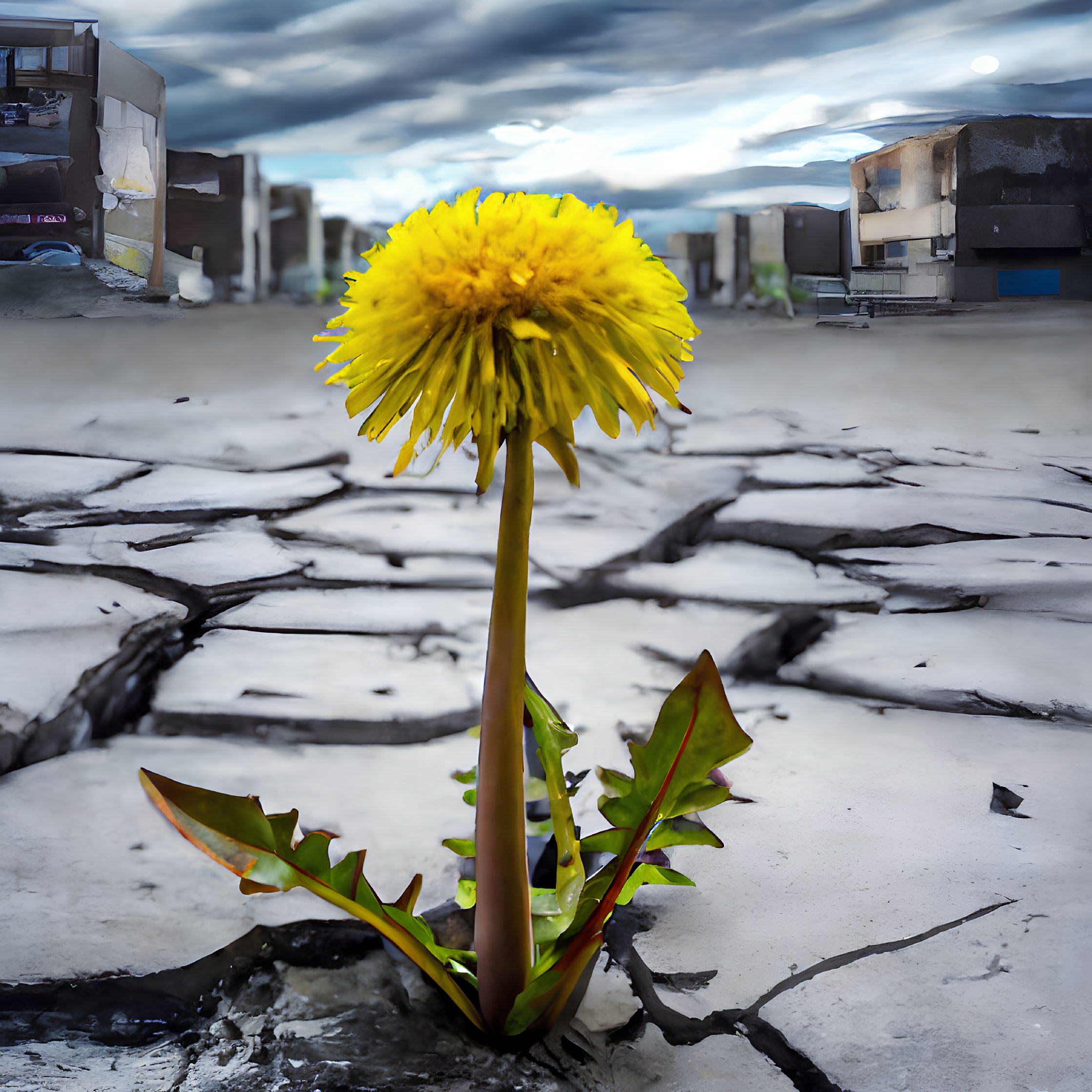 Colorful dandelion in cracked urban surface under dramatic sky