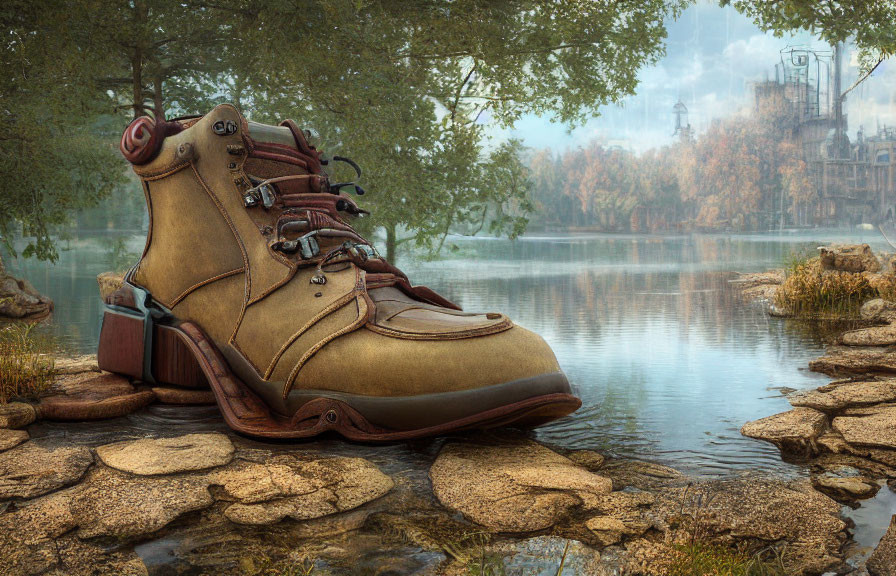 Weathered boot on stone pads by calm lake near misty industrial structures