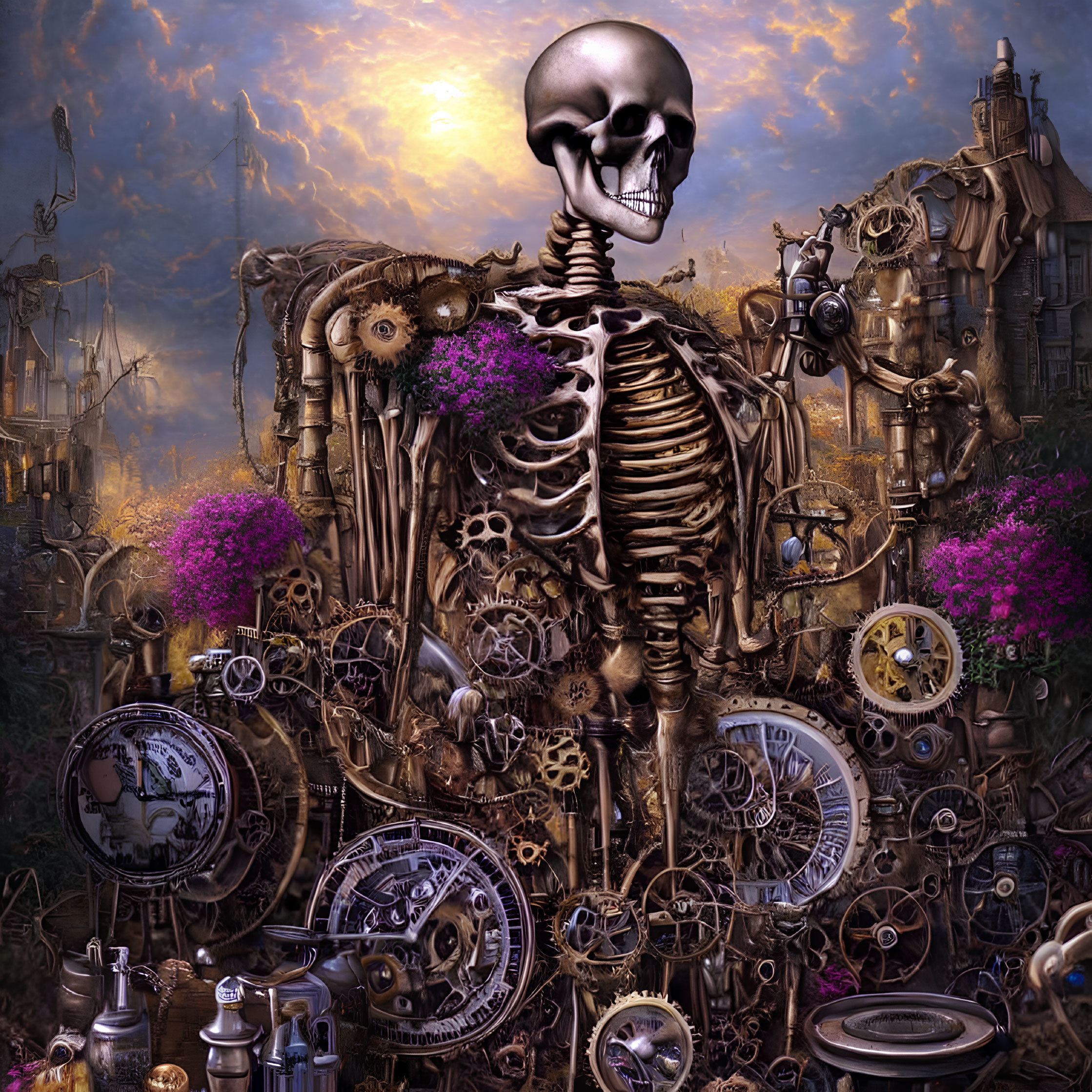 Steampunk-themed artwork featuring skeletal figure and purple flowers