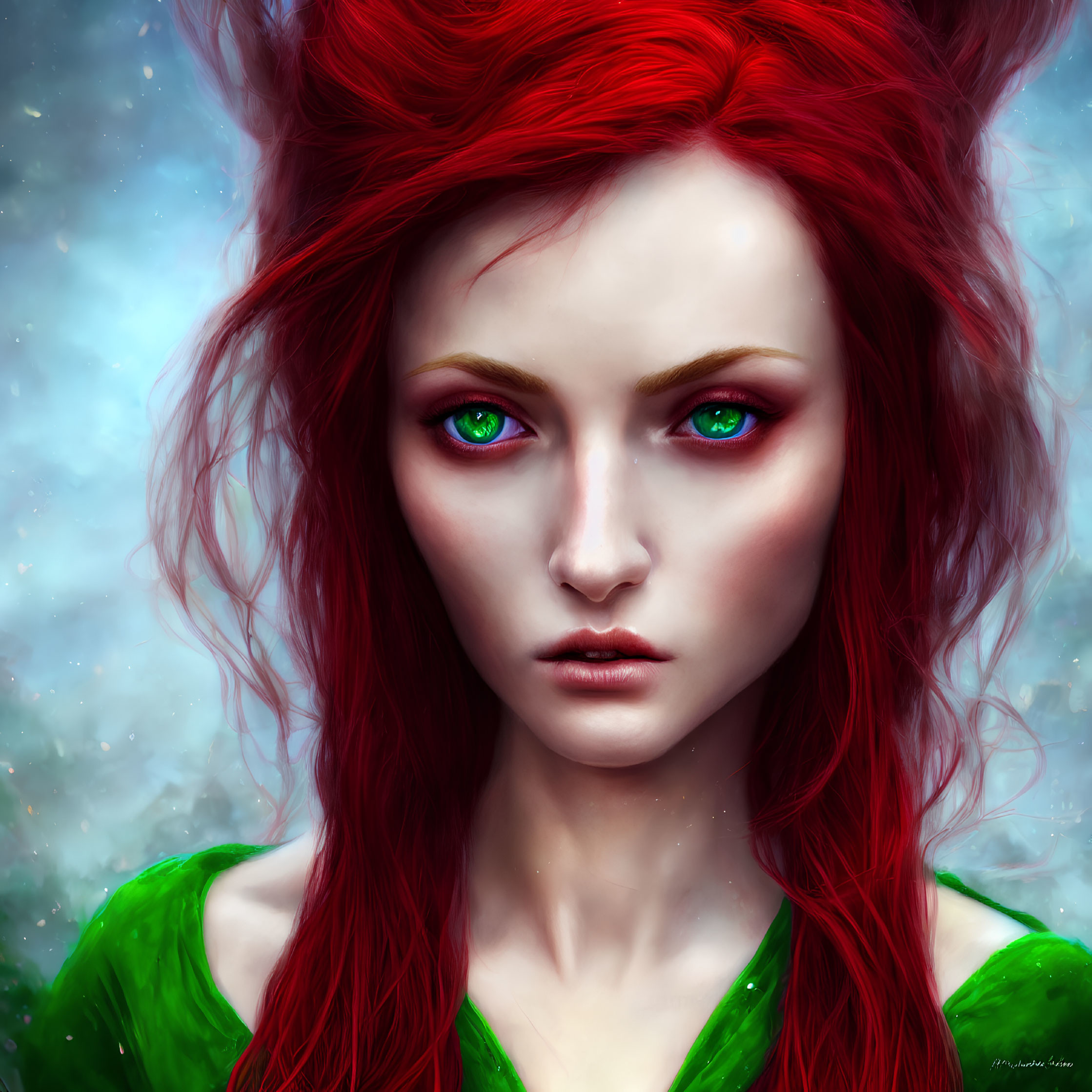 Vibrant red-haired woman in green garment on dreamy blue background