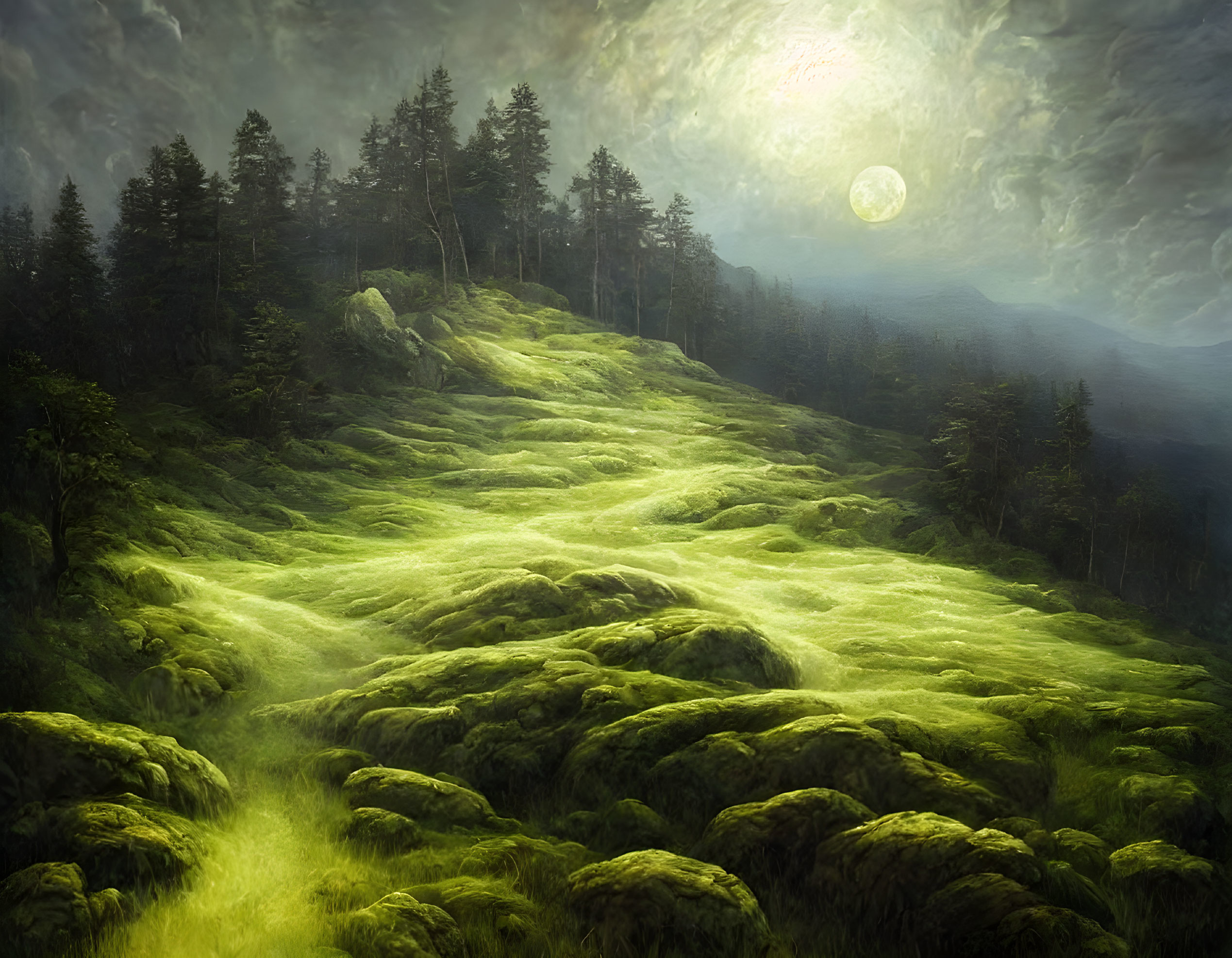 Mystical forest scene with moss-covered hills and towering trees