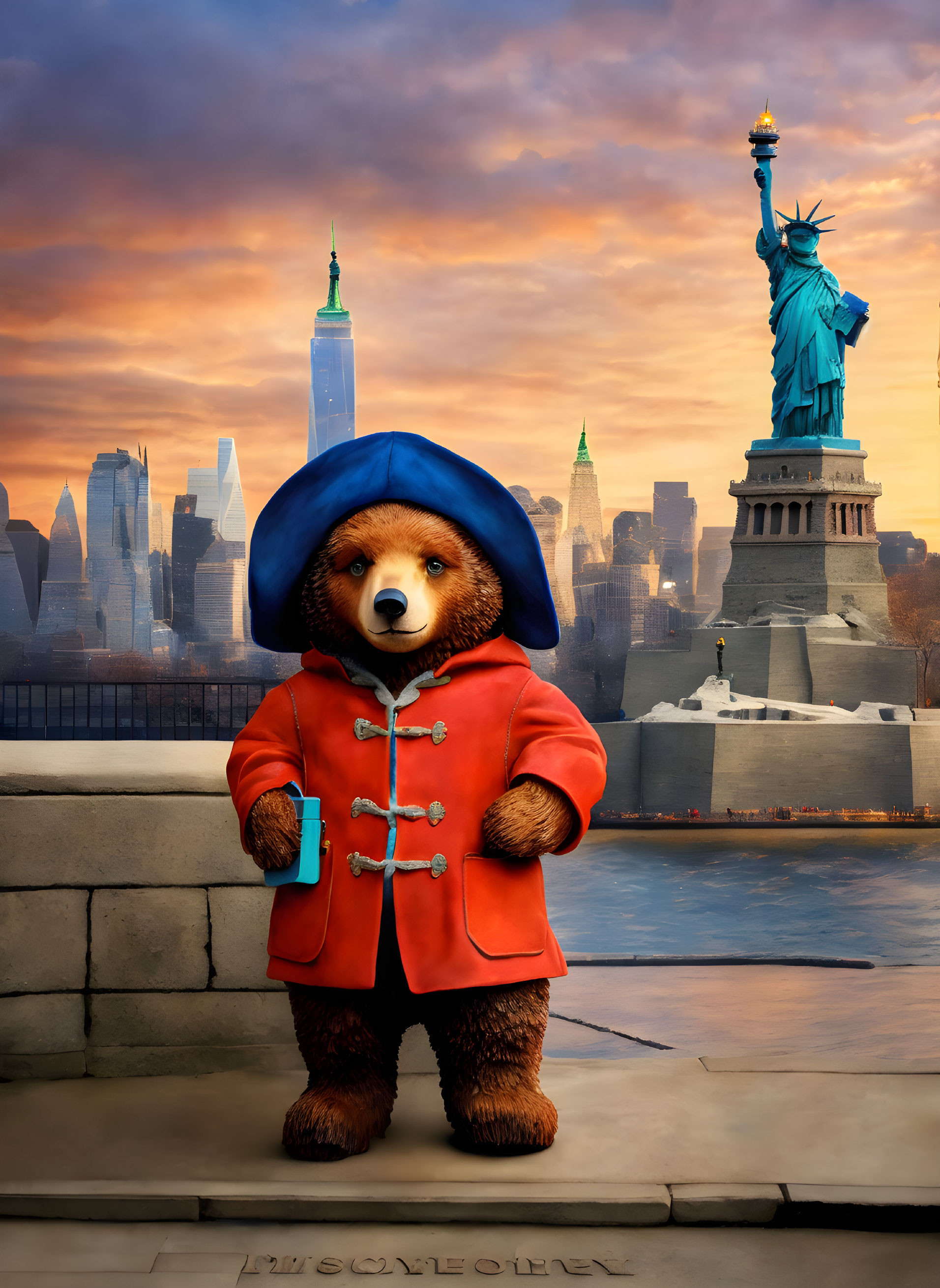 Paddington Bear in front of Statue of Liberty