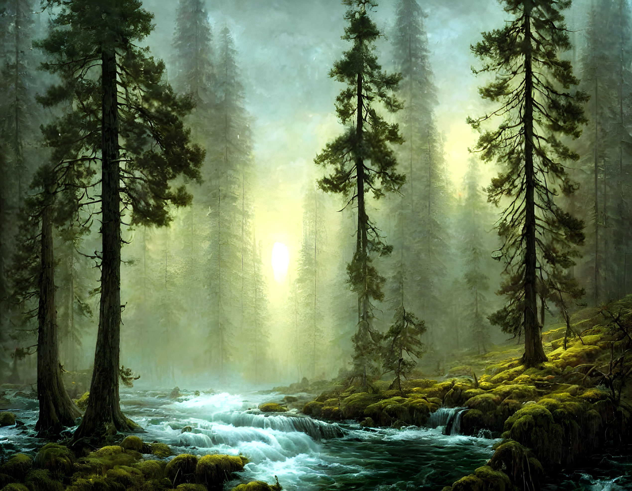 Tranquil forest landscape with tall trees, flowing river, and sunlit mist