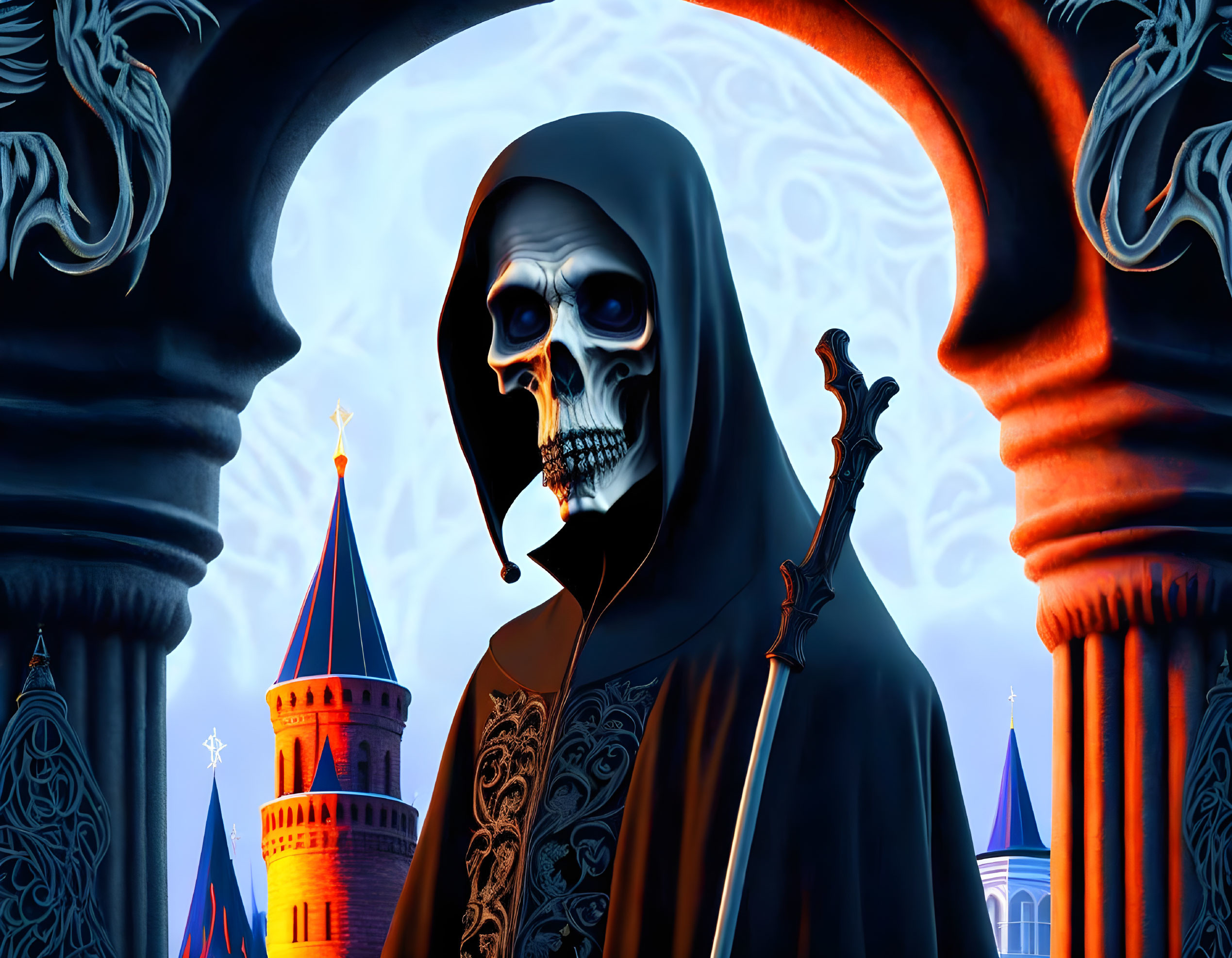 Skull-faced grim reaper between ornate pillars in mystical castle setting