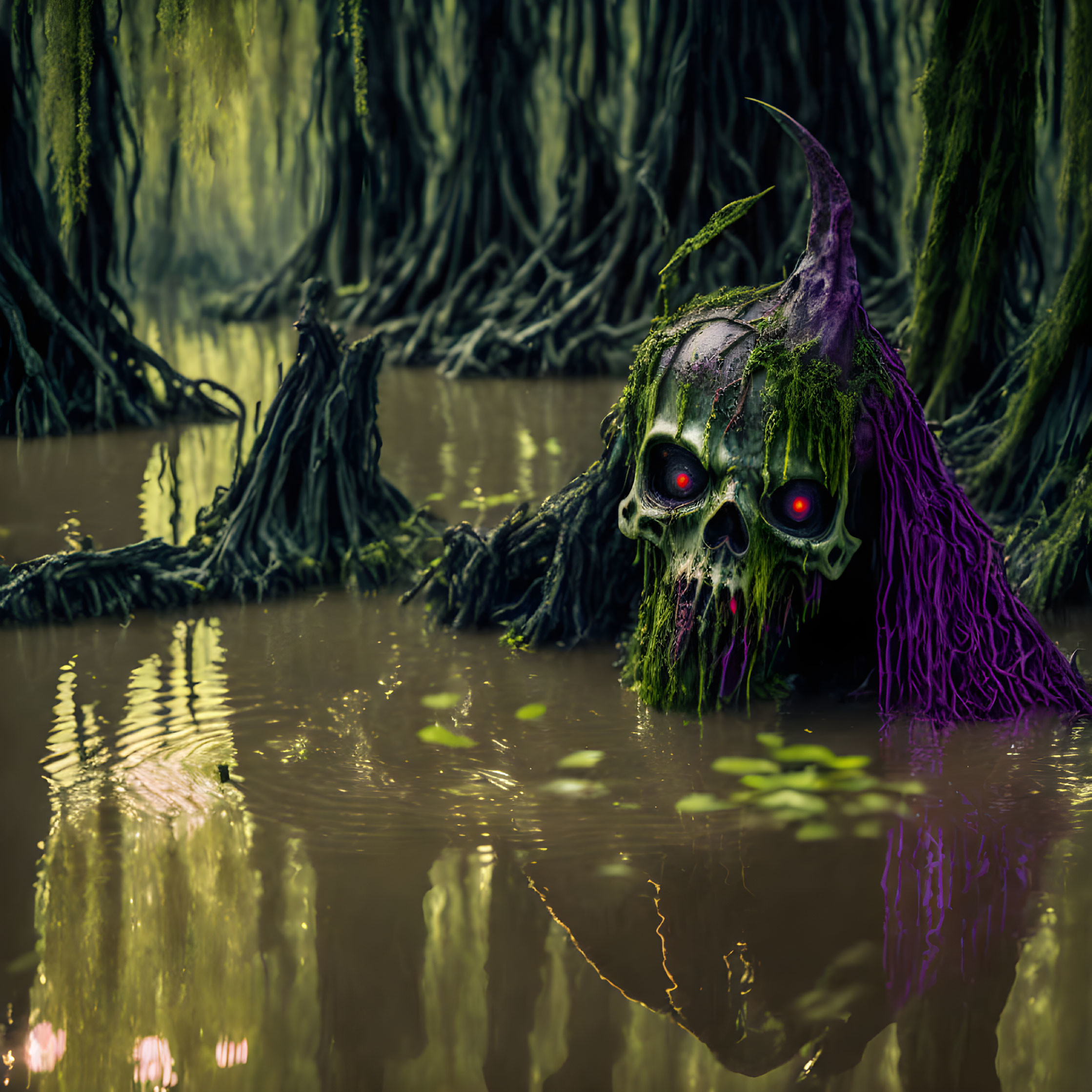 Spooky skull with red glowing eyes in swamp water with moss-covered witch's hat