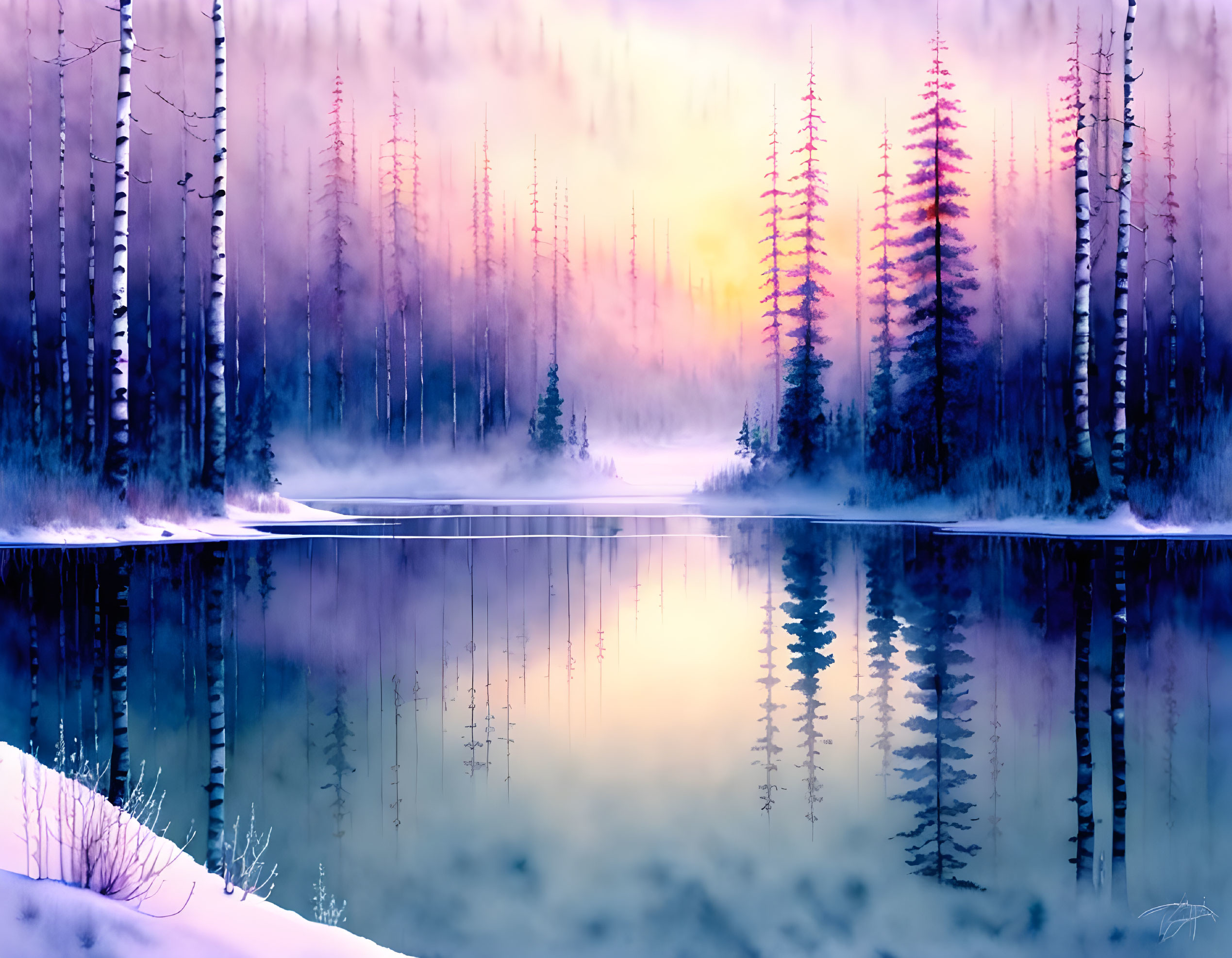 Tranquil winter landscape with bare trees, still lake, fog, and pastel sky