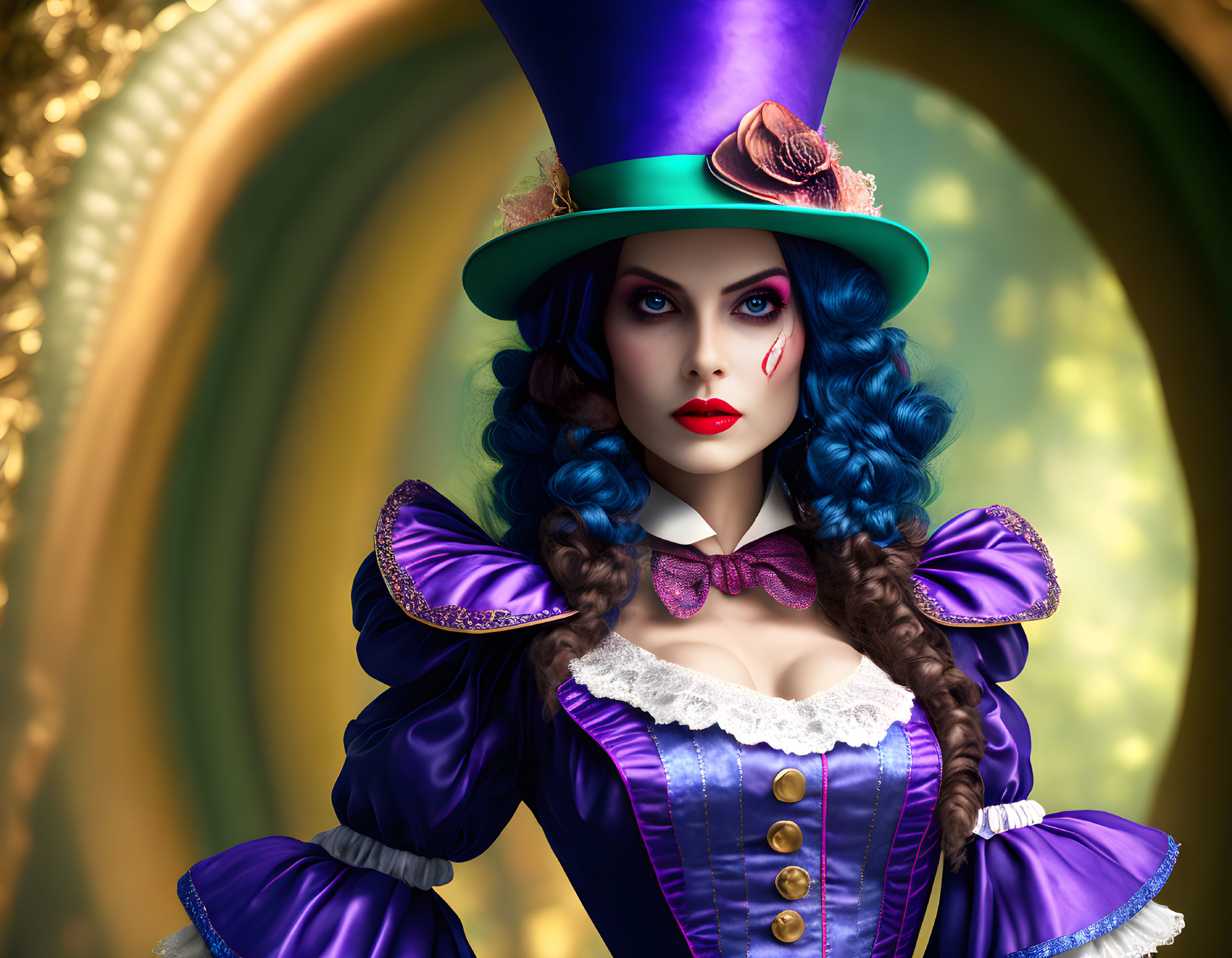 Woman with Vibrant Blue Hair in Whimsical Purple Victorian Outfit