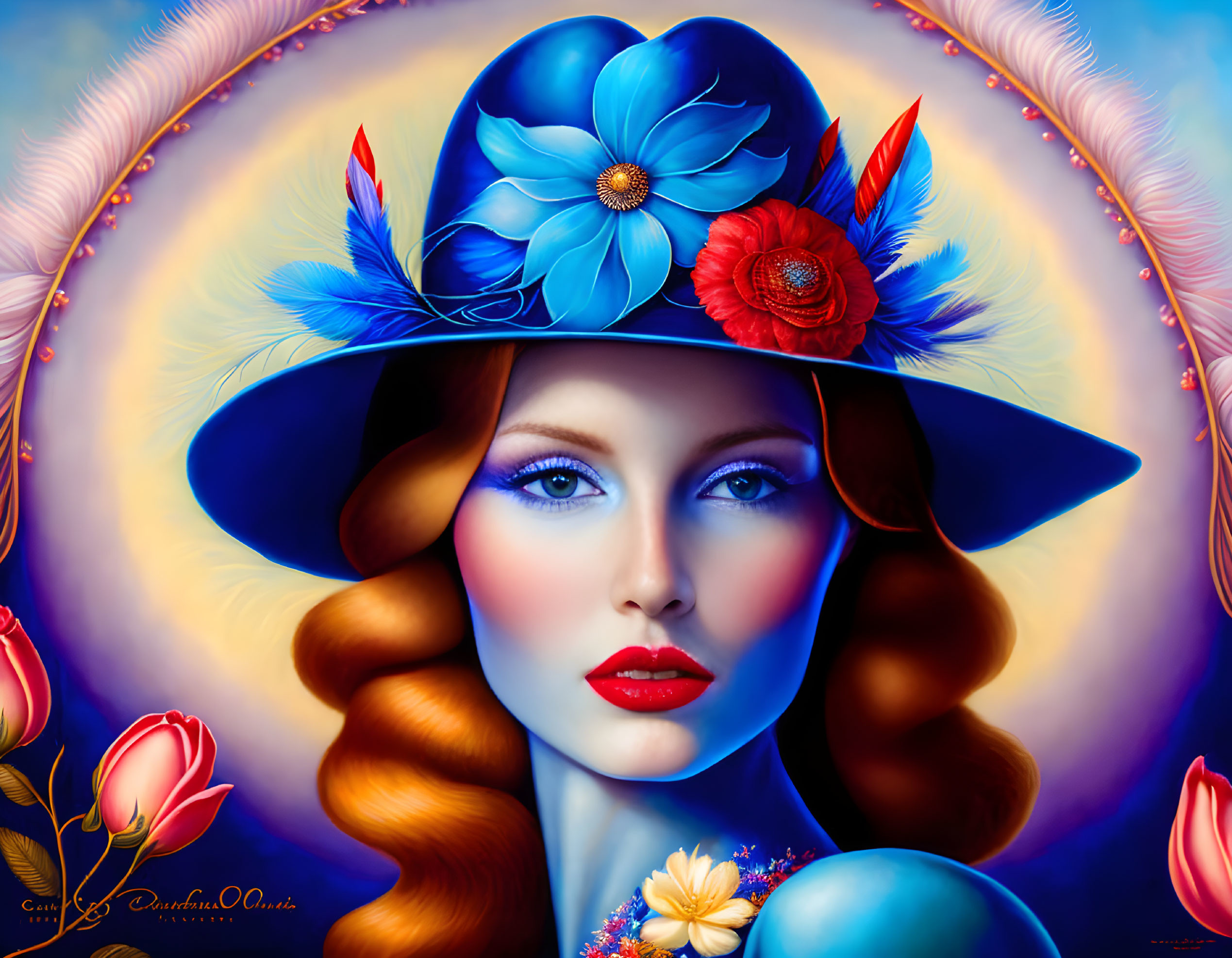 Woman with Blue and Red Flower Hat in Digital Art