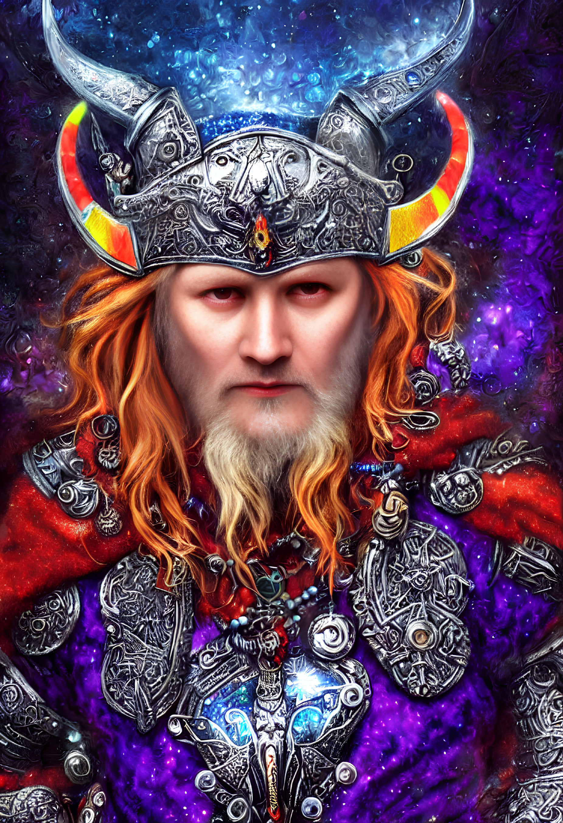 Digital artwork of stern Viking in horned helmet & ornate armor on galaxy backdrop