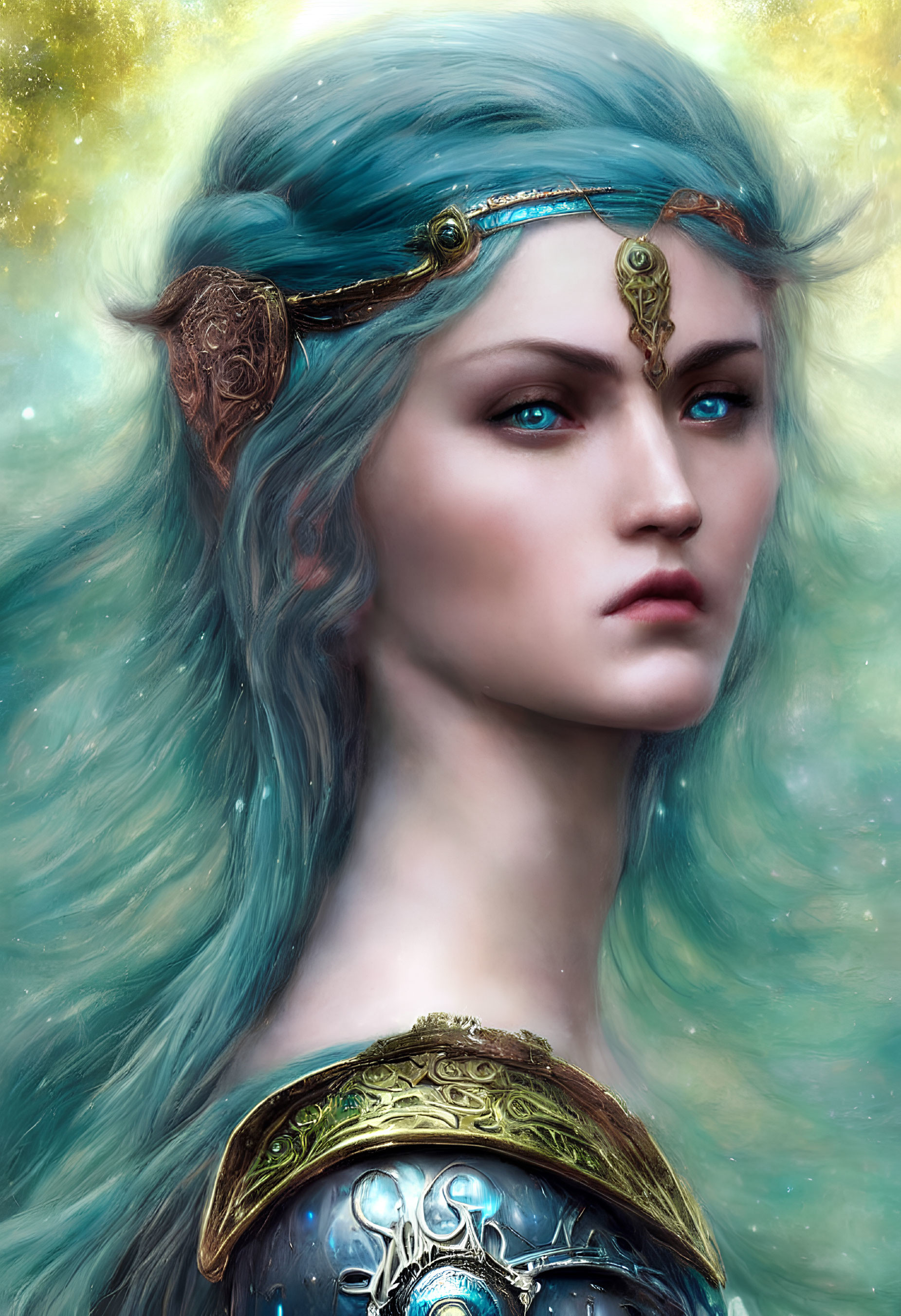 Ethereal blue-haired female with golden headpieces on starry background