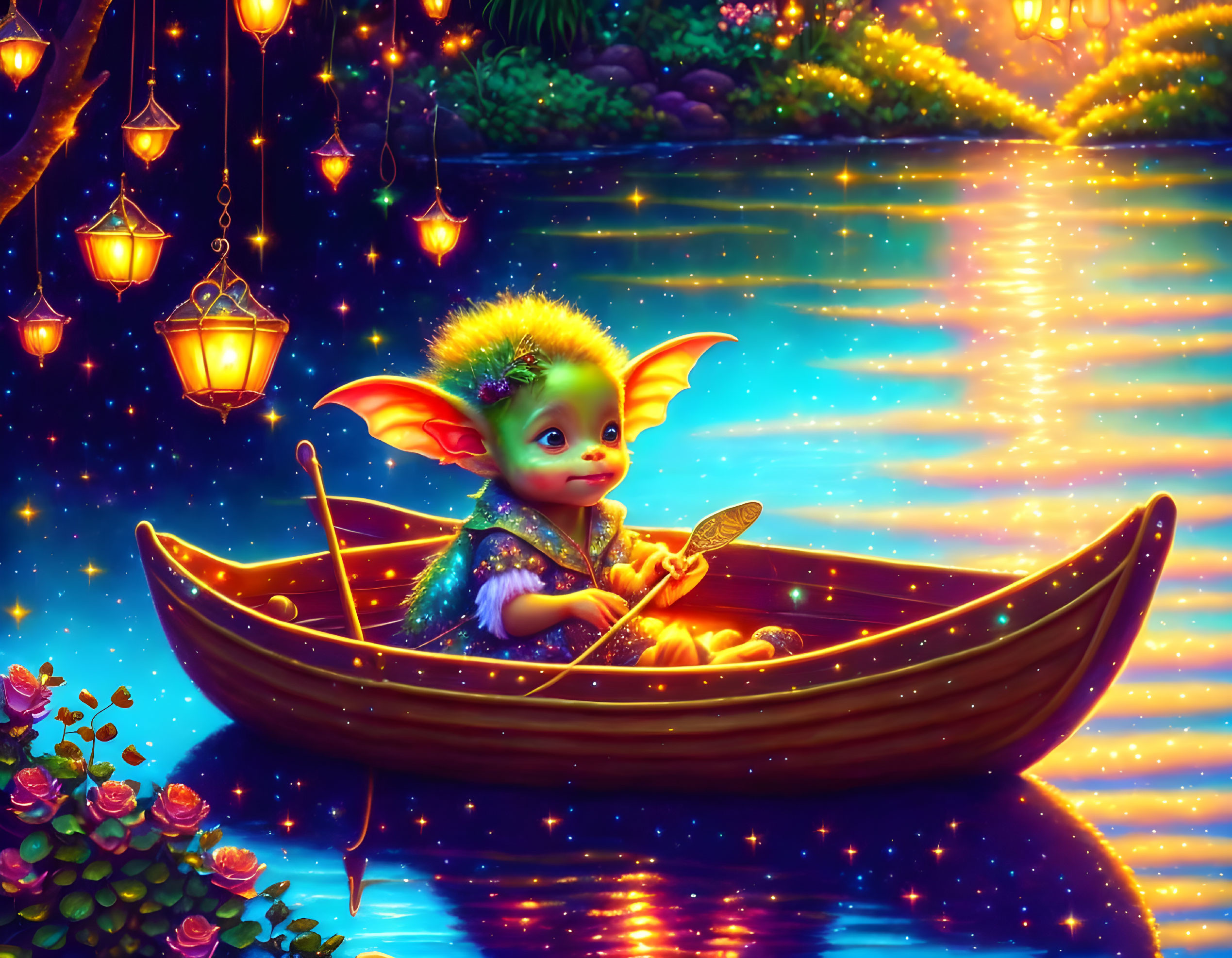 Fairy with large ears paddling boat under starry sky