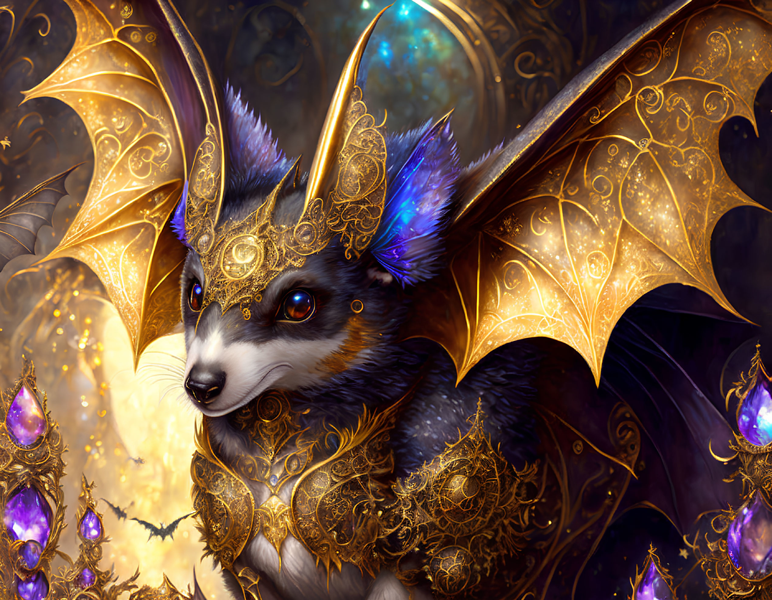 Intricate golden armored bat-like creature with fox face on mystical background