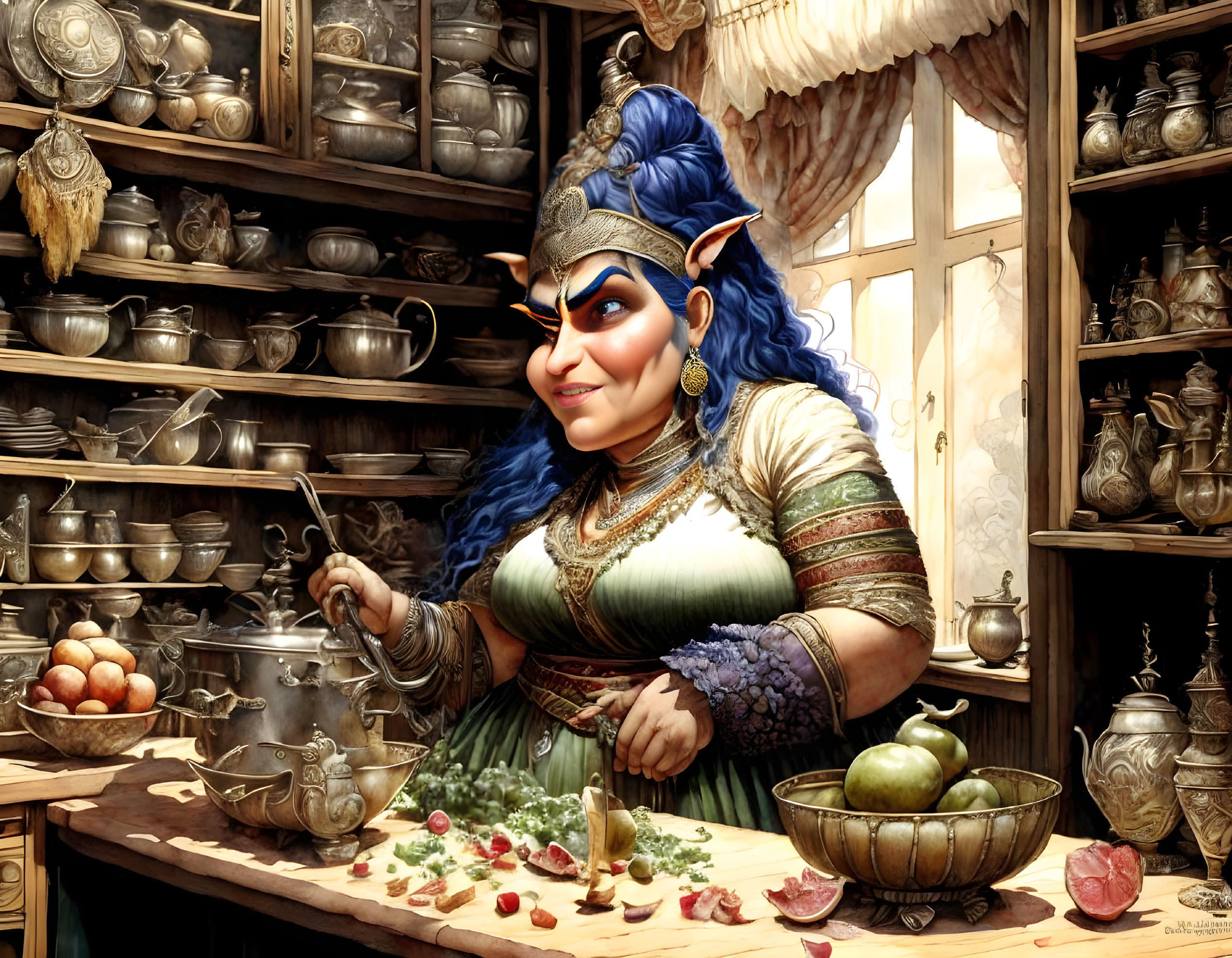 Blue-skinned female character in animated fantasy kitchen scene preparing food