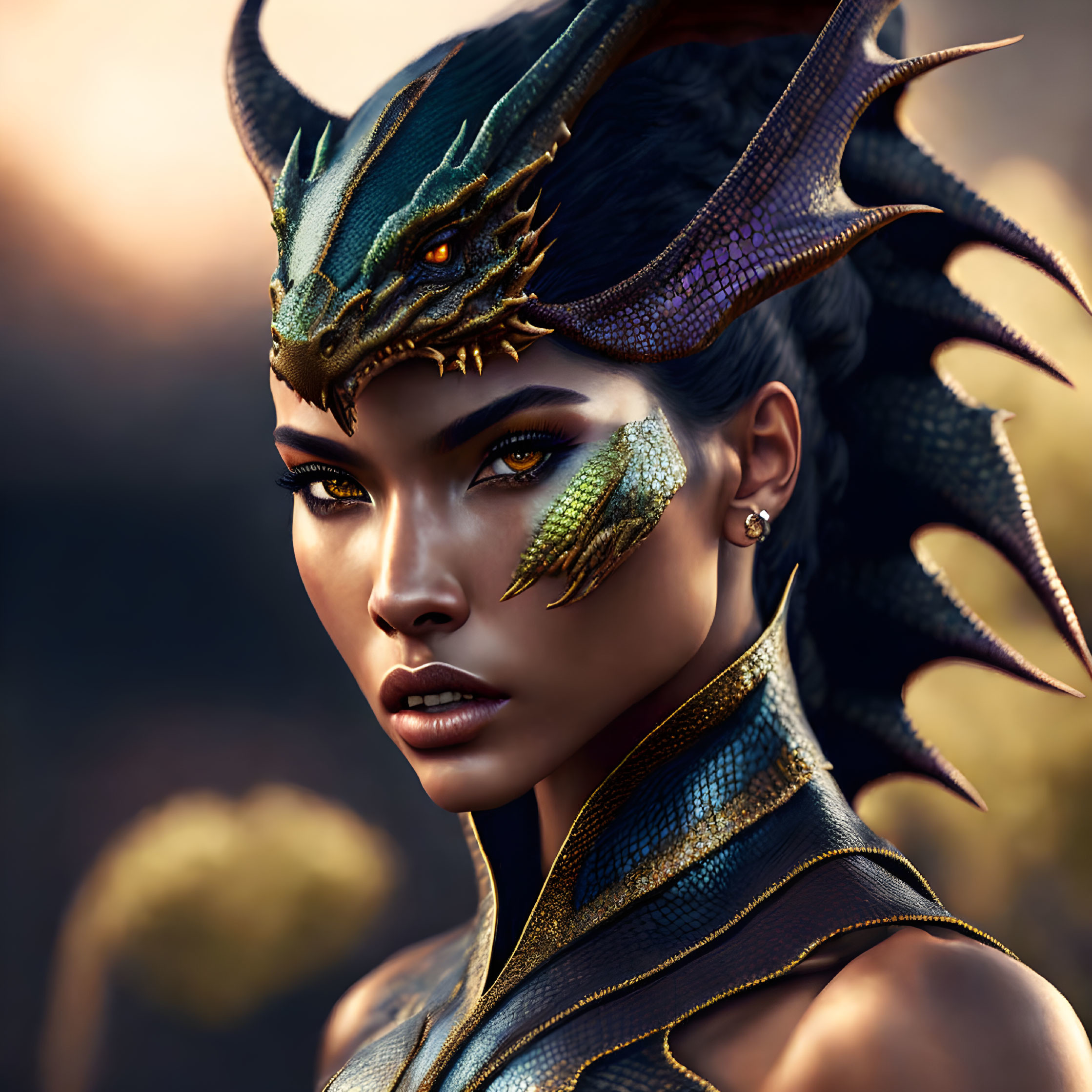 Woman with dragon-inspired makeup and headpiece in golden and black scaled armor