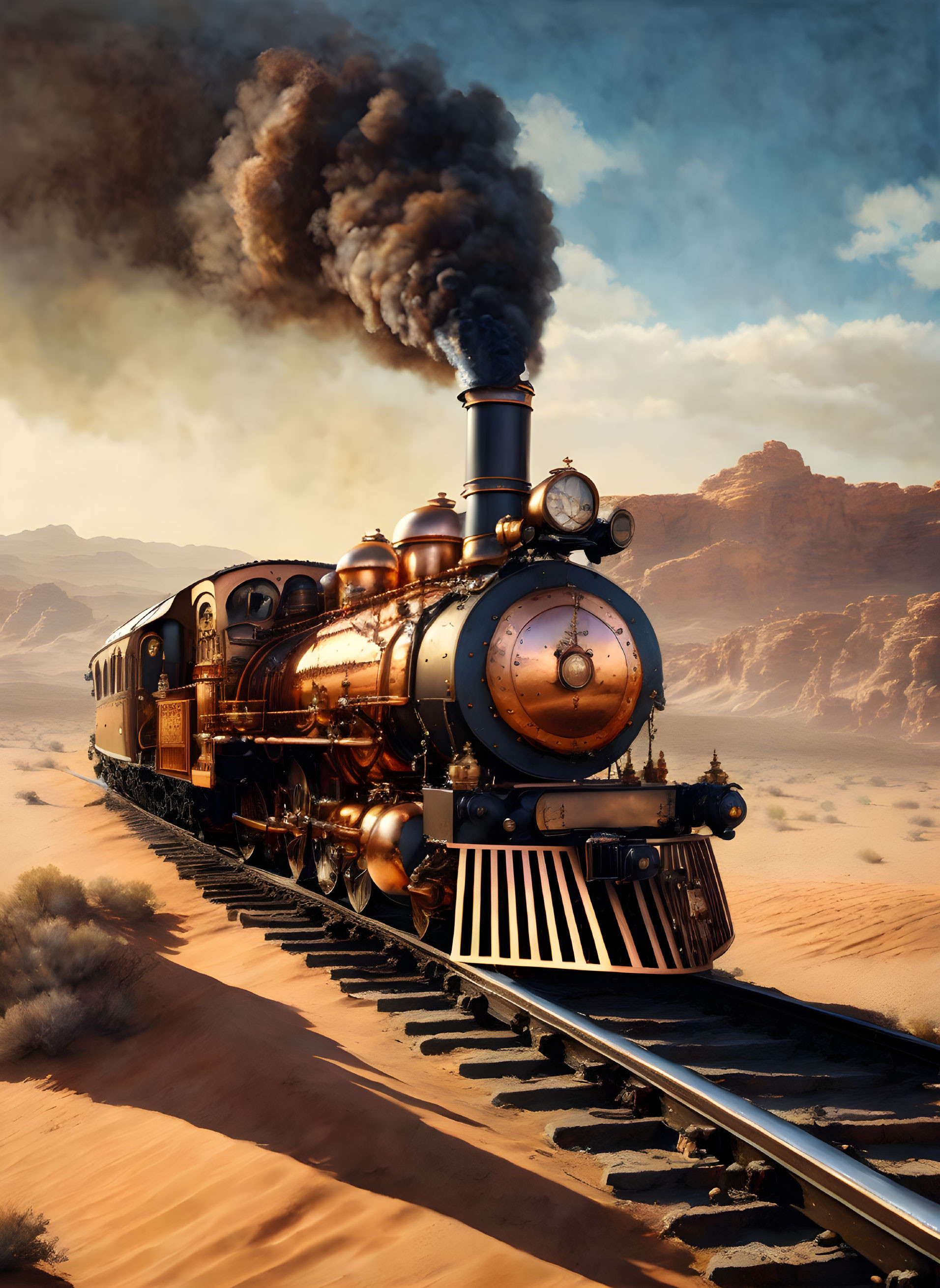 Vintage steam locomotive in desert landscape with ornate details and smoke against sand dunes.