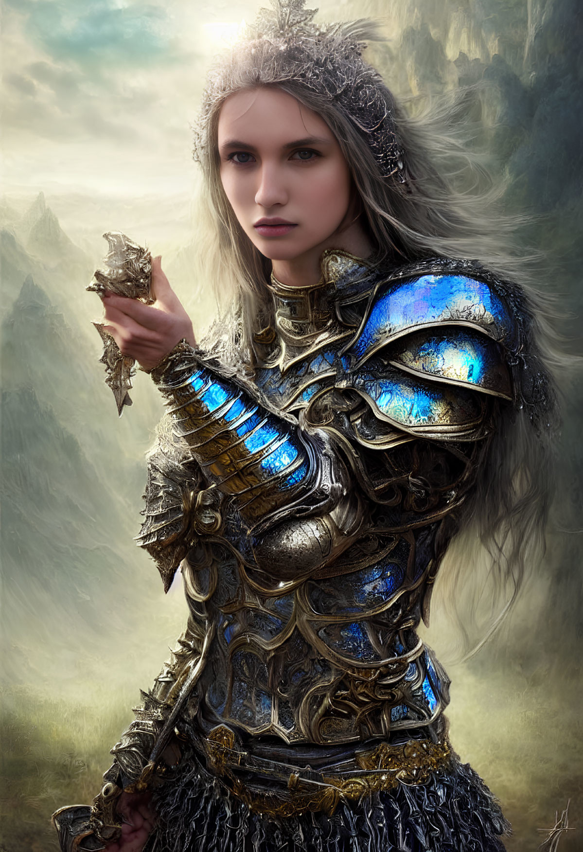 Medieval armor woman holding crystal in misty mountains