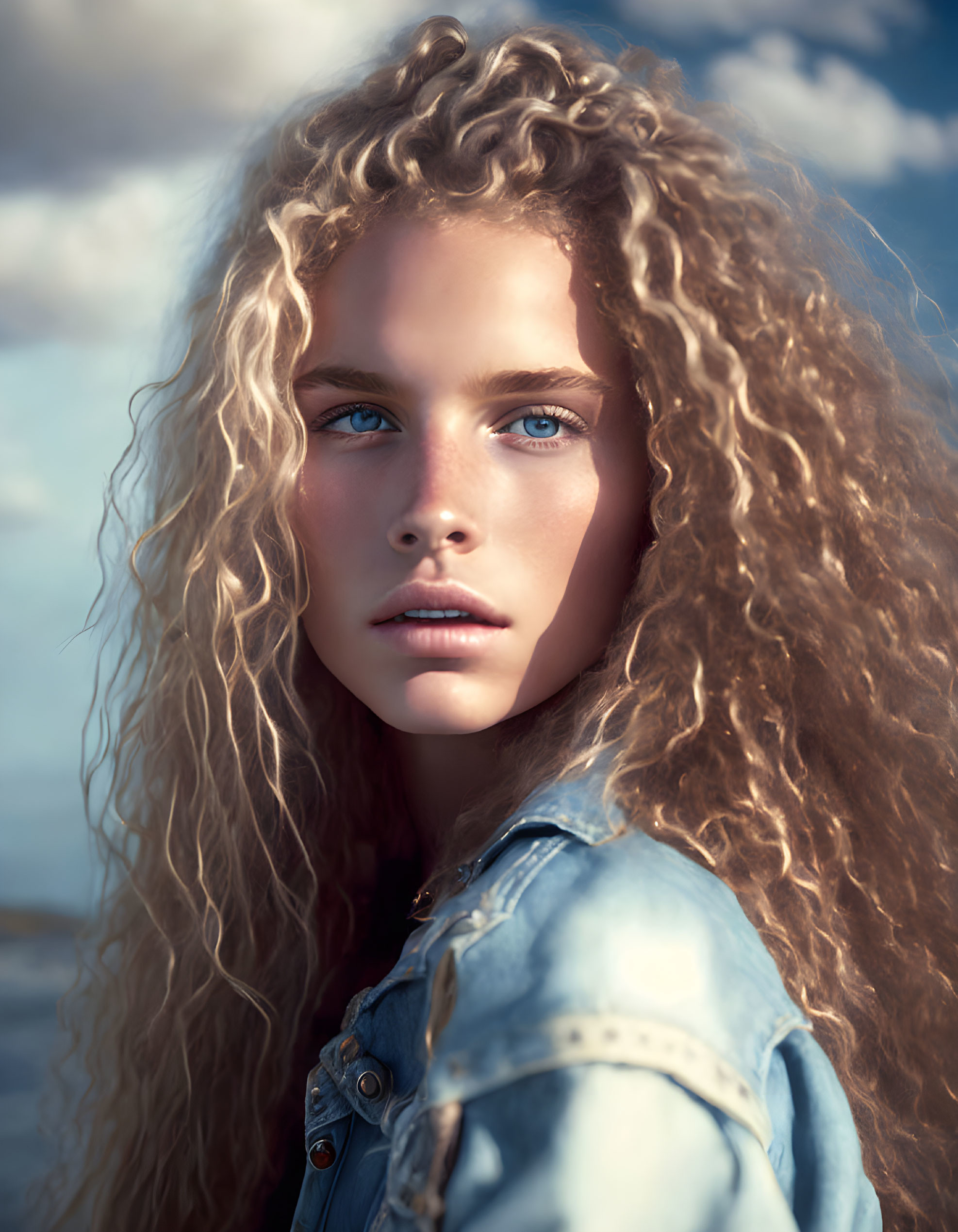 Blonde woman with curly hair in denim jacket against sunny backdrop