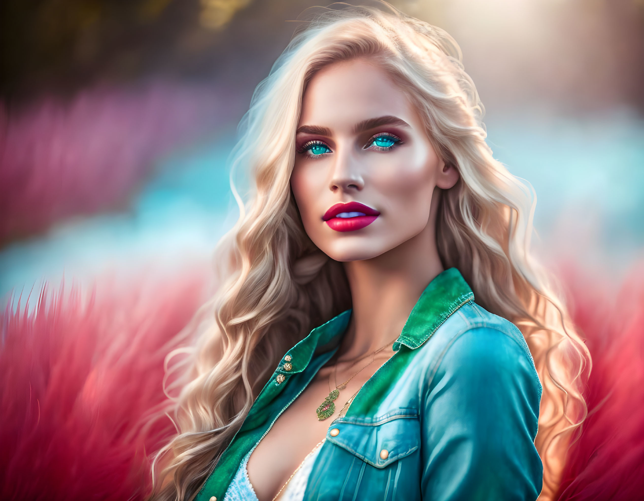 Vivid digital art portrait of a woman with blue eyes, red lips, and blond hair