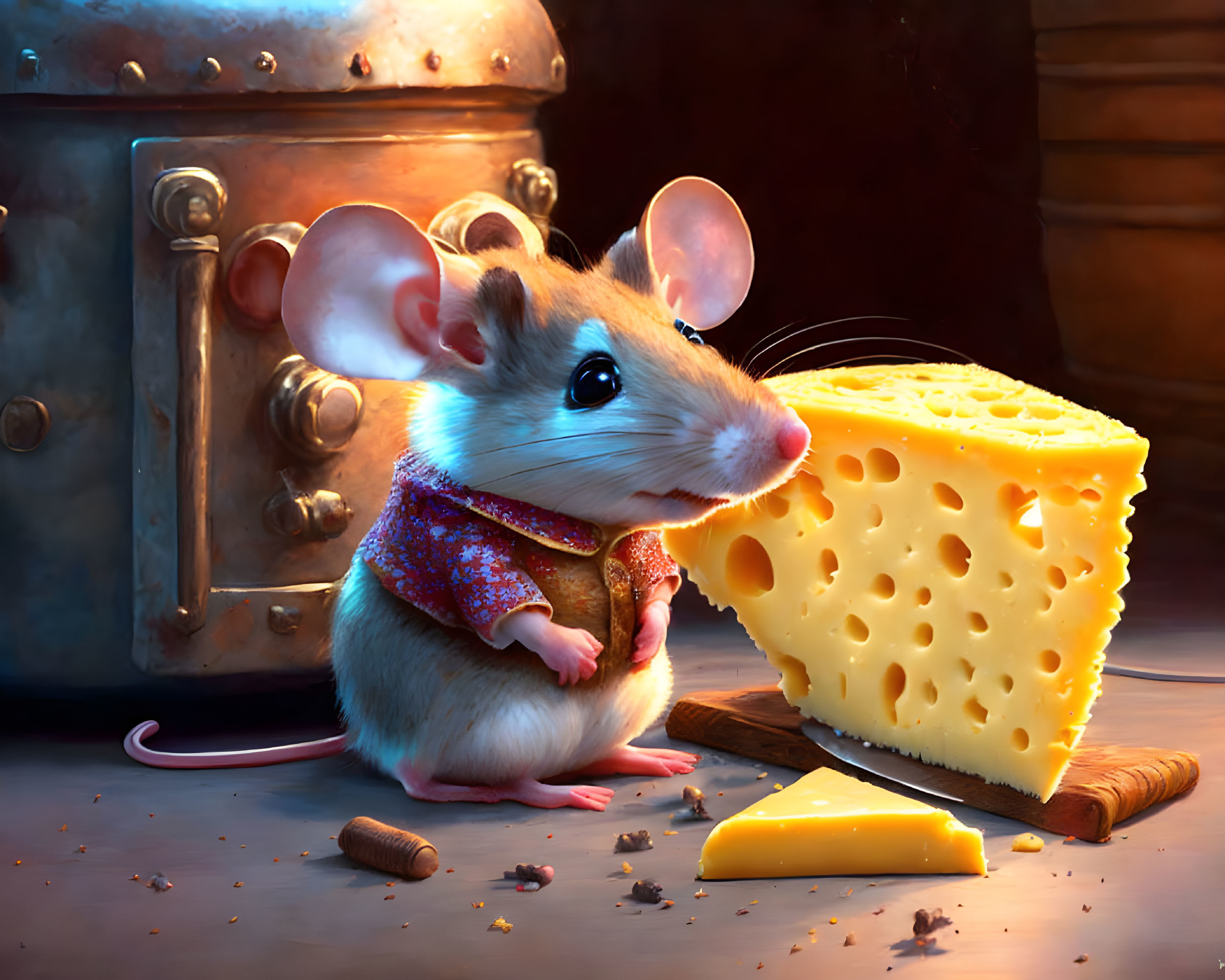 Anthropomorphic mouse with swiss cheese and knife illustration