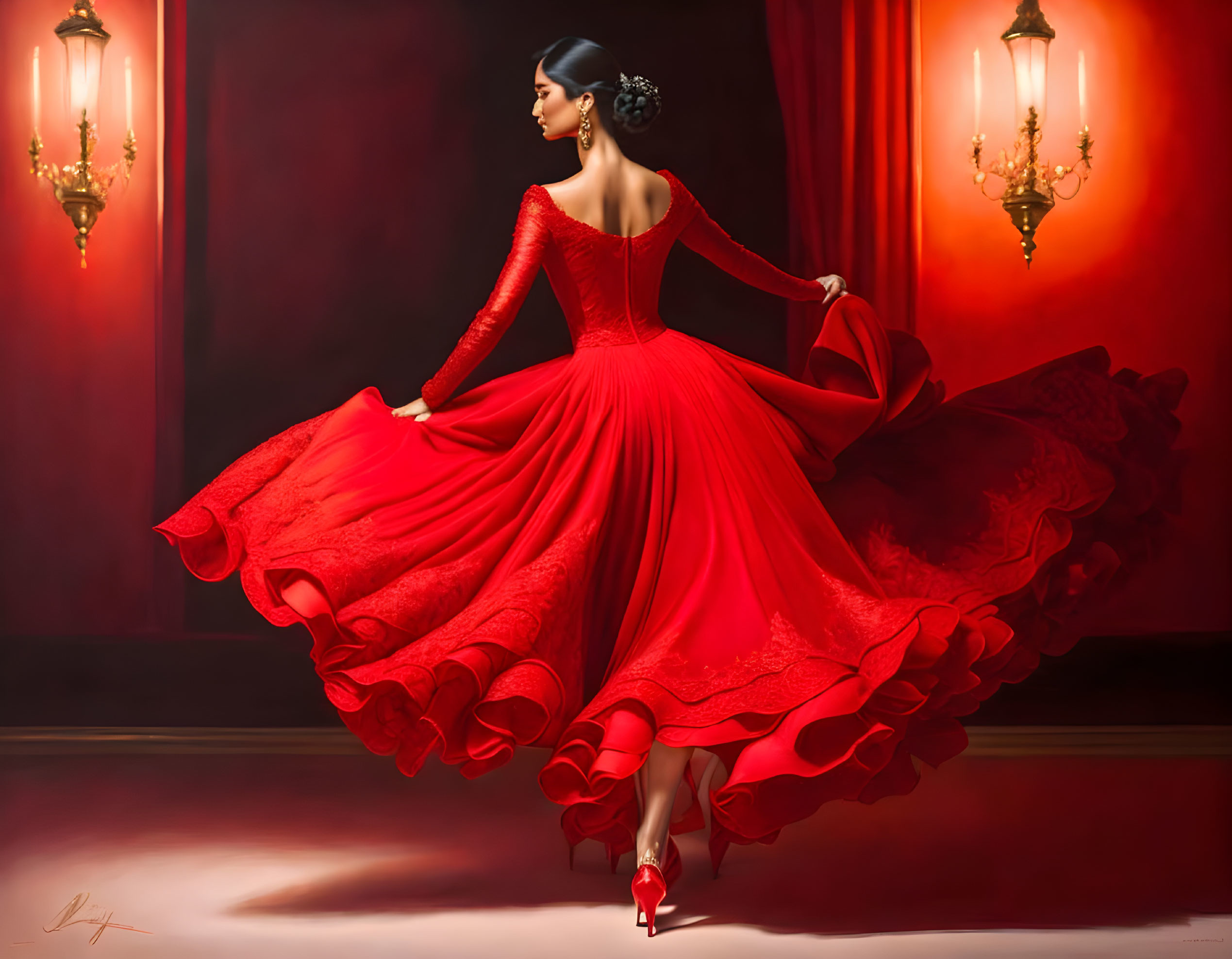 Elegant woman in flowing red dress twirls in well-lit room