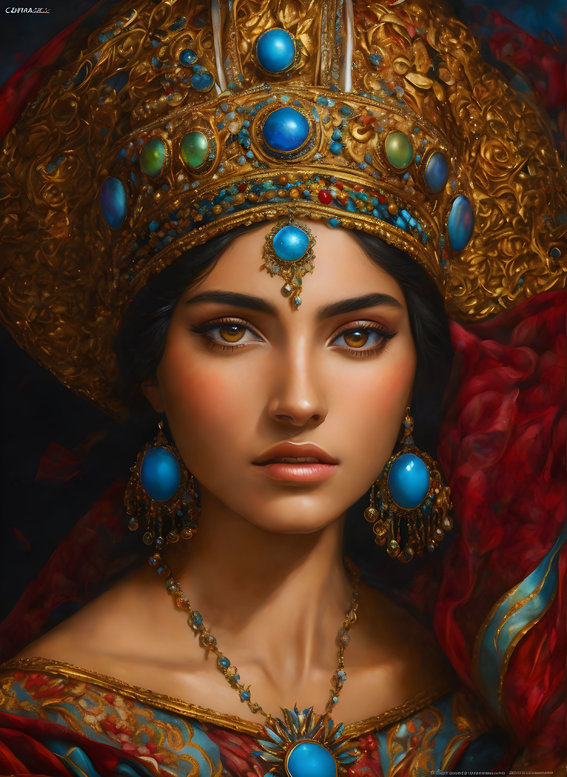 Portrait of woman with dark eyes in gold crown and regal attire