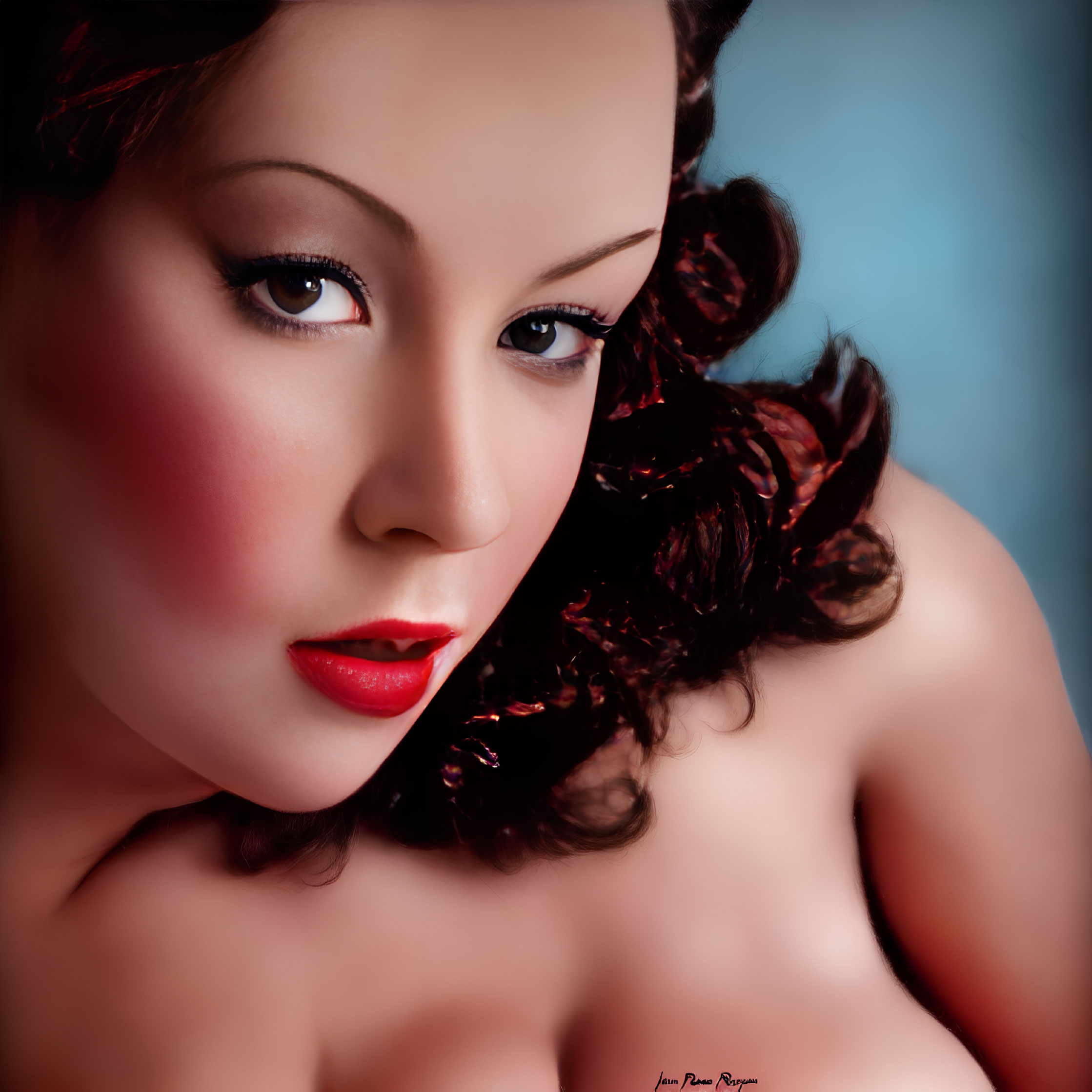 Detailed close-up of woman with red lipstick and dark curly hair on soft blue backdrop