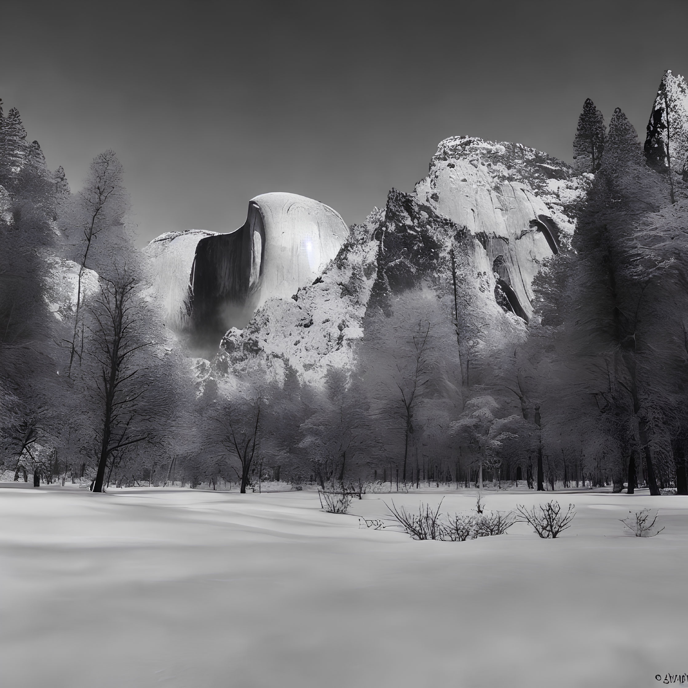 Monochromatic winter landscape with snowy foreground and mountain cliffs