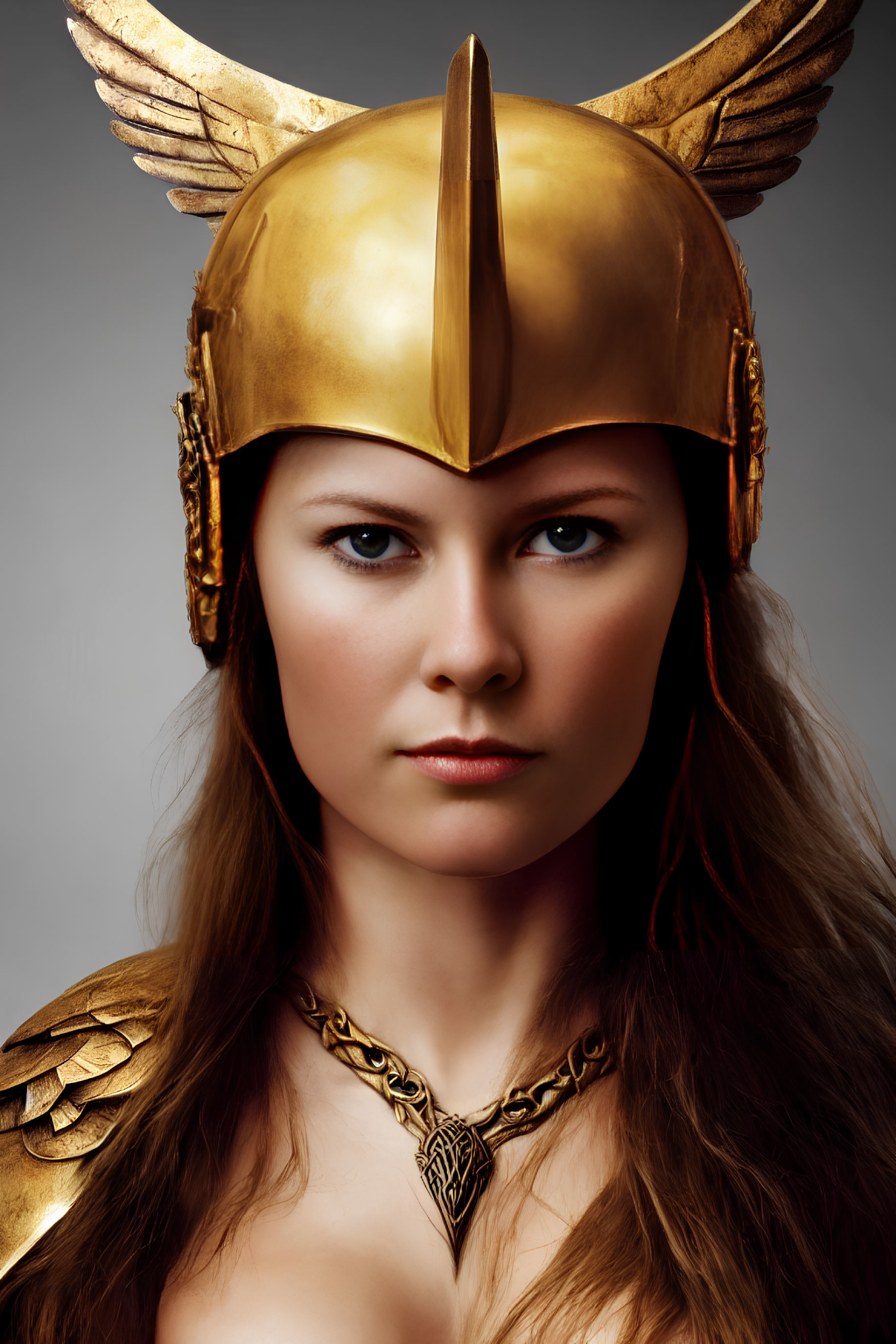 Woman in Golden Winged Helmet and Necklace on Grey Background