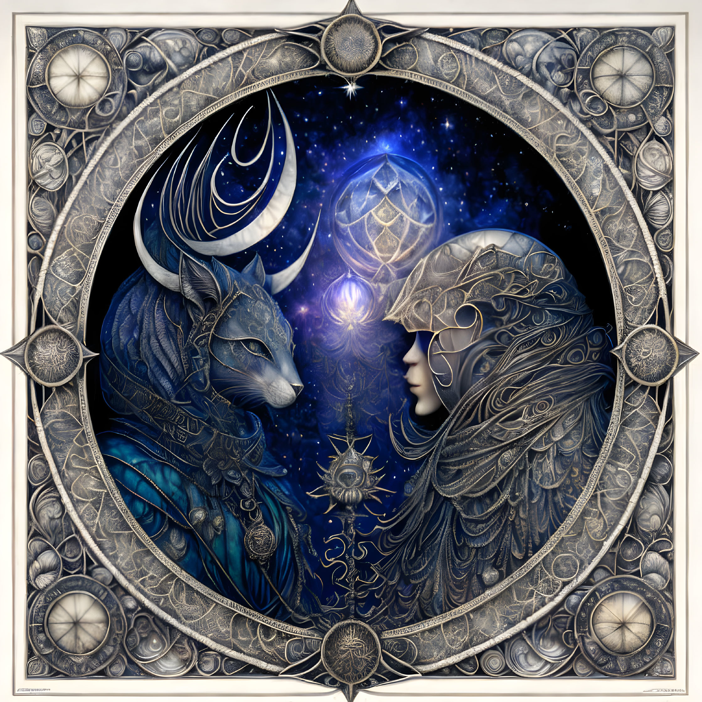 Mystical artwork of woman and wolf in cosmic embrace