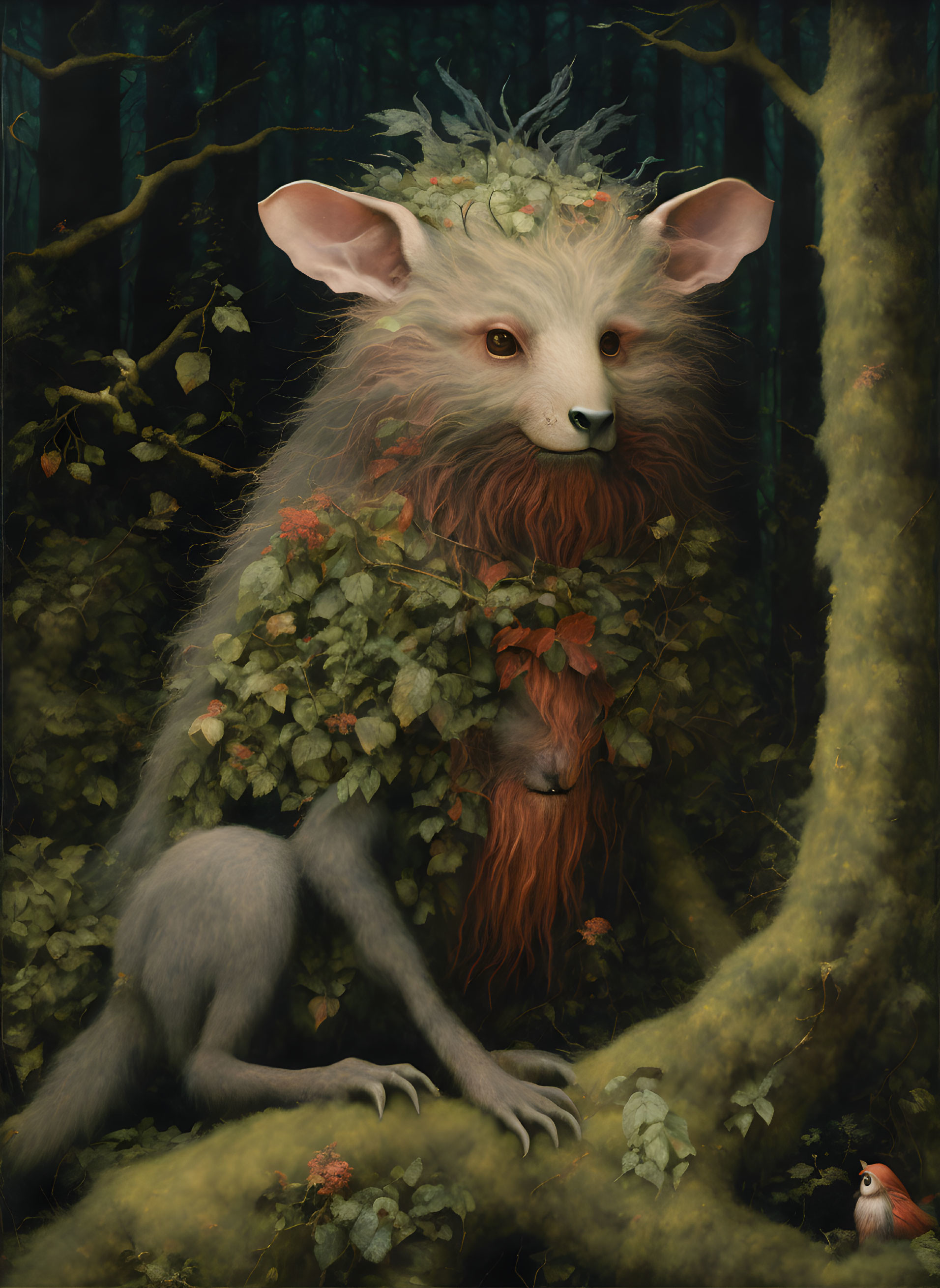 Mythical creature with lion's mane, human-like eyes, and large ears in forest with small