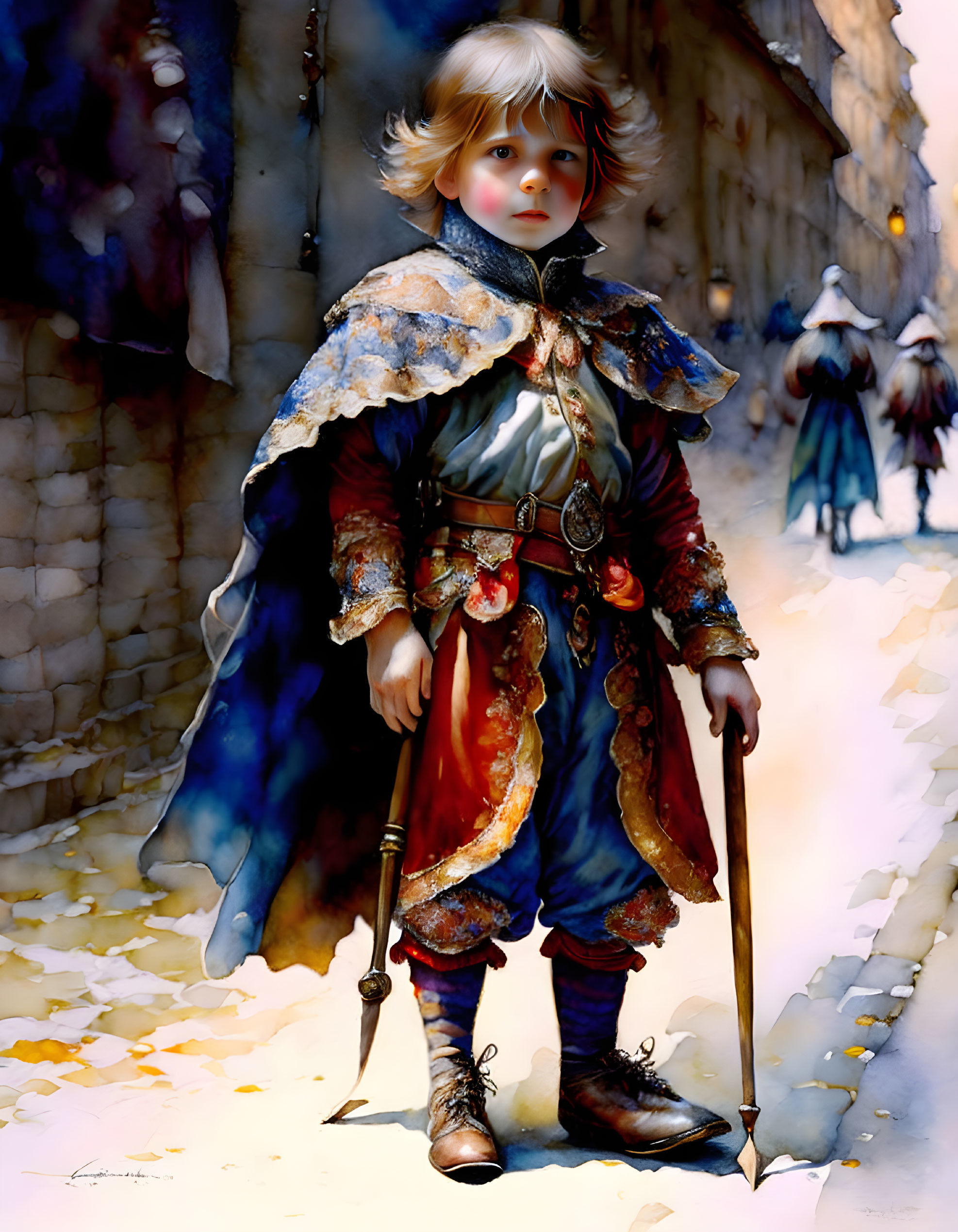 Young child in fantasy musketeer outfit with sword on cobblestone street.