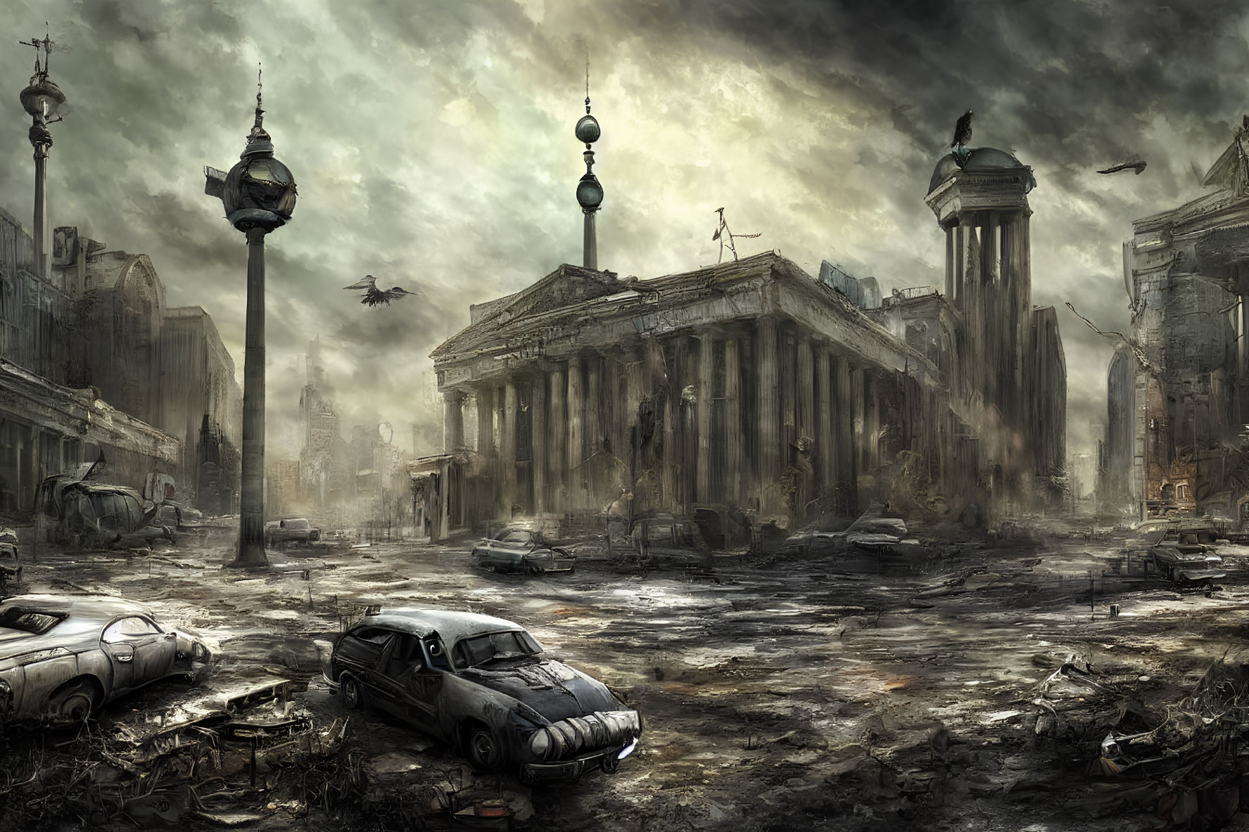 Desolate post-apocalyptic cityscape with abandoned buildings and cars