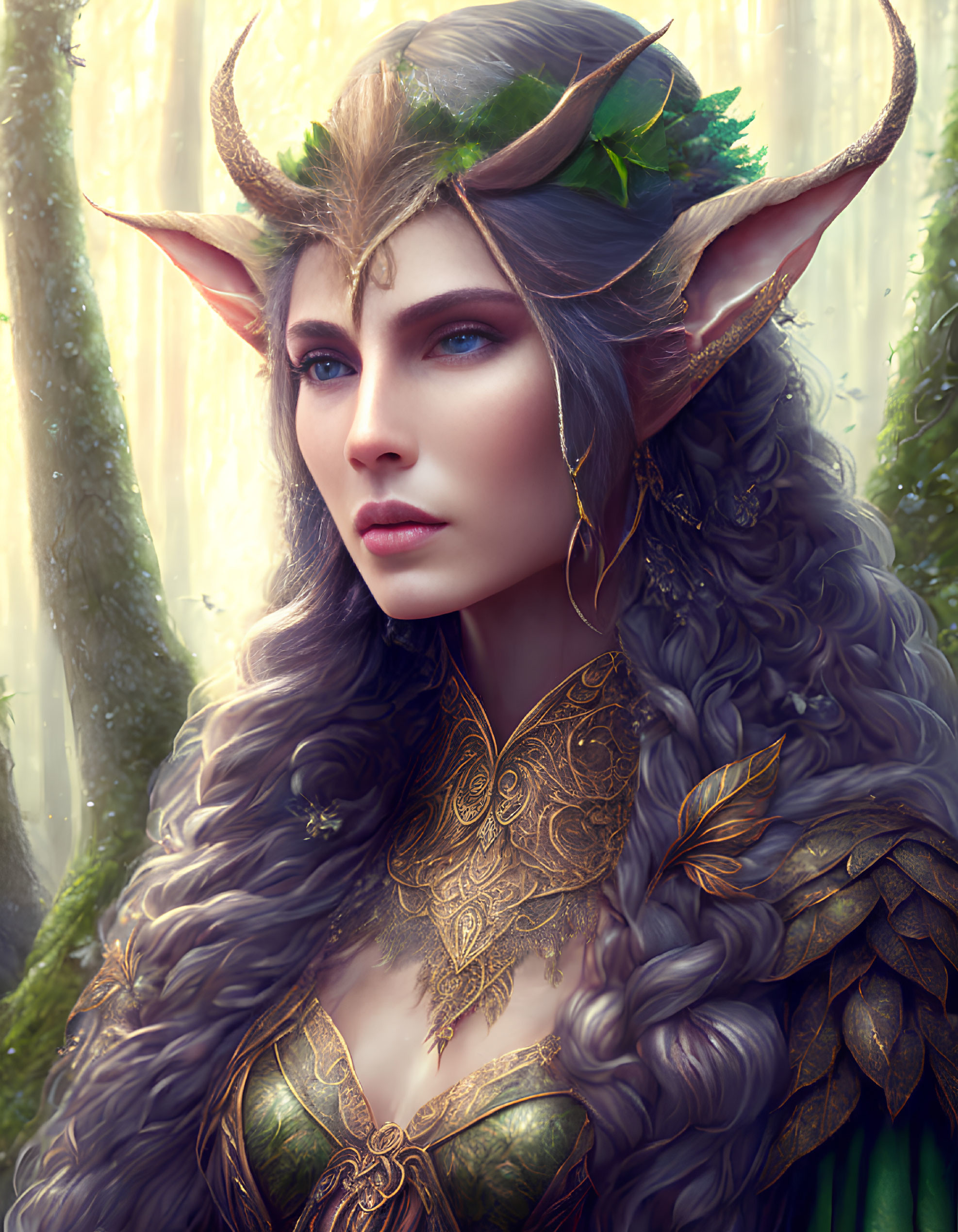 Fantasy portrait of an elf in golden armor with pointed ears, leaf and horn adornments, in