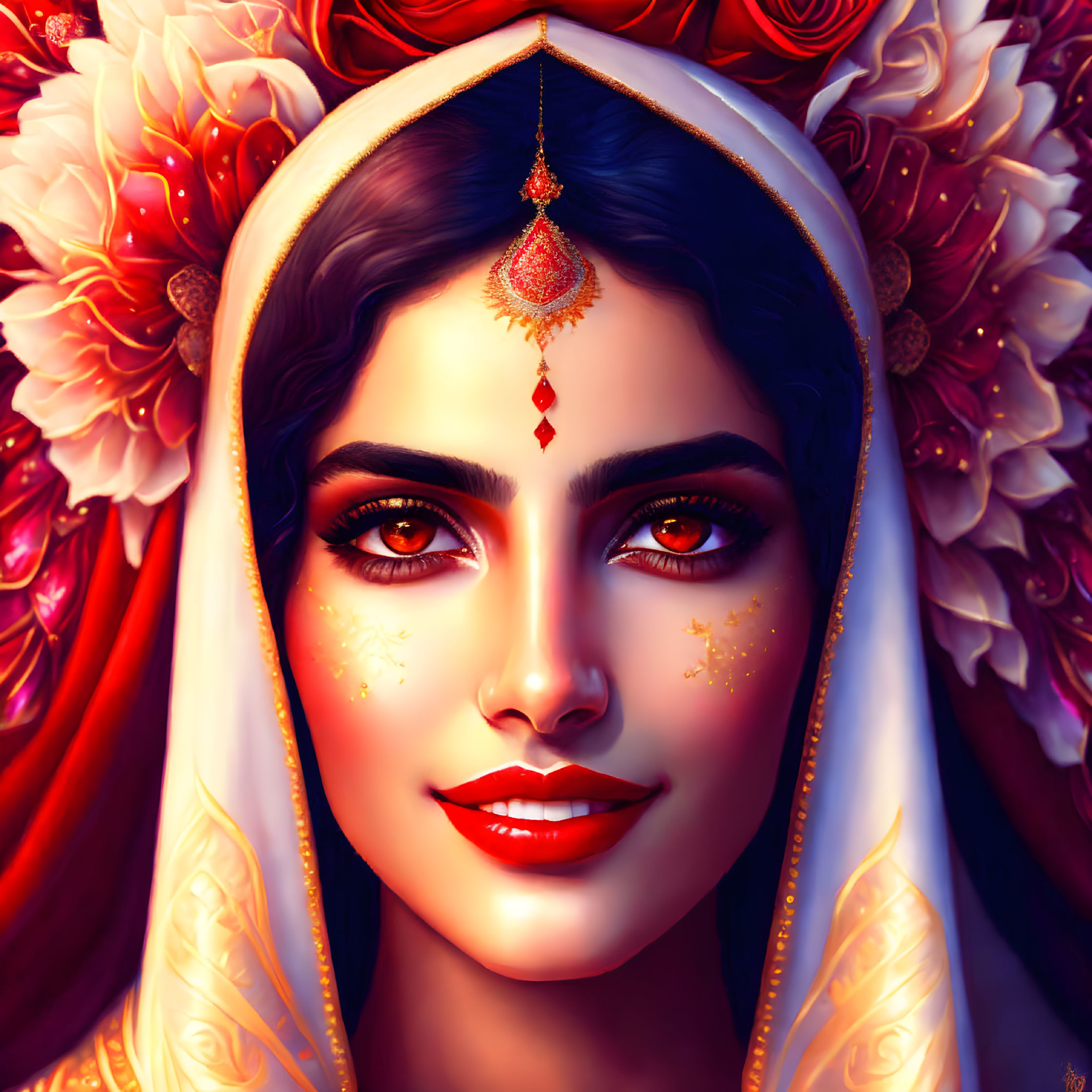 Illustration of Woman with Luminous Eyes and Red Bindi in White Veil