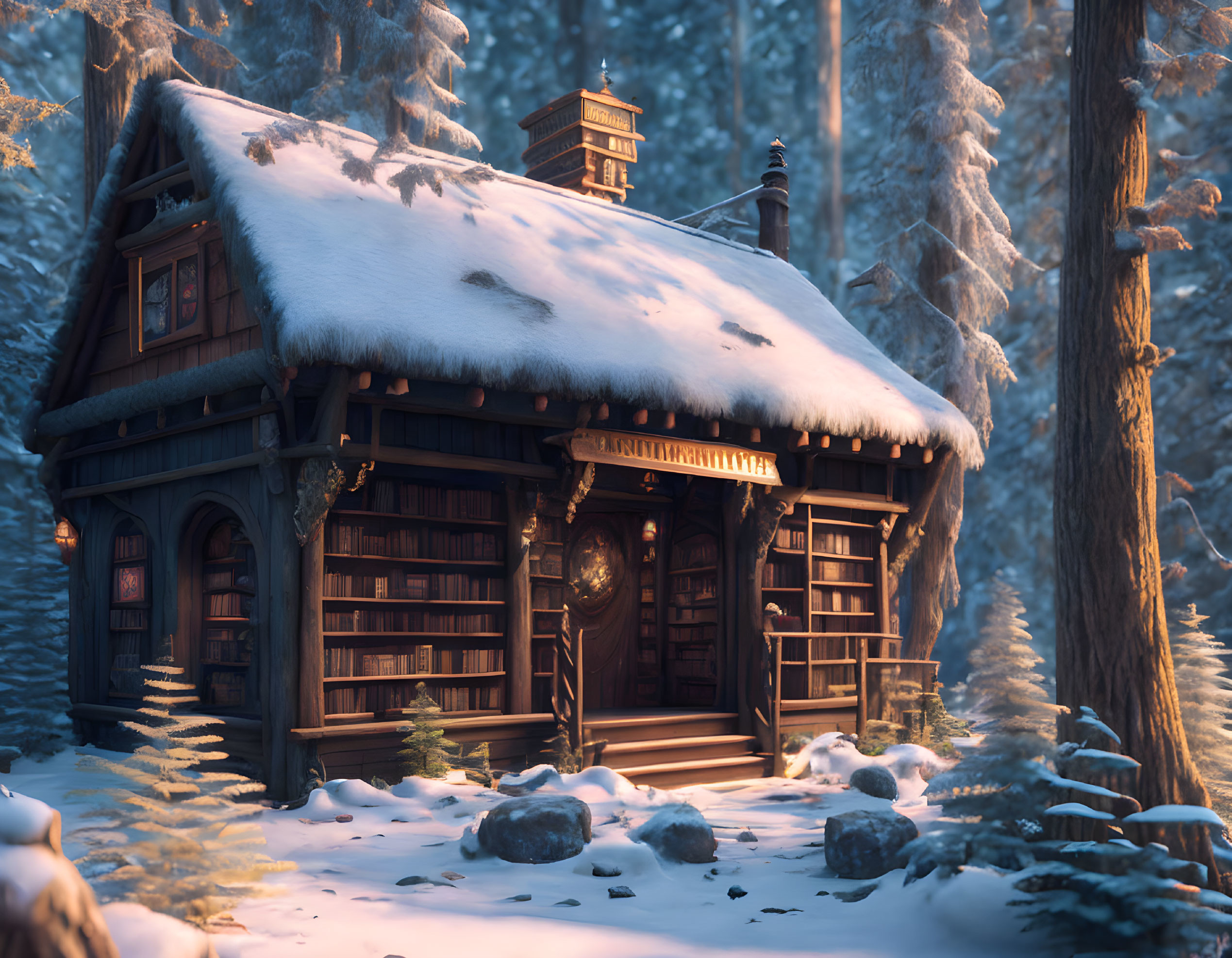 Winter Forest Cabin: Snow-covered, Glowing Windows at Dusk