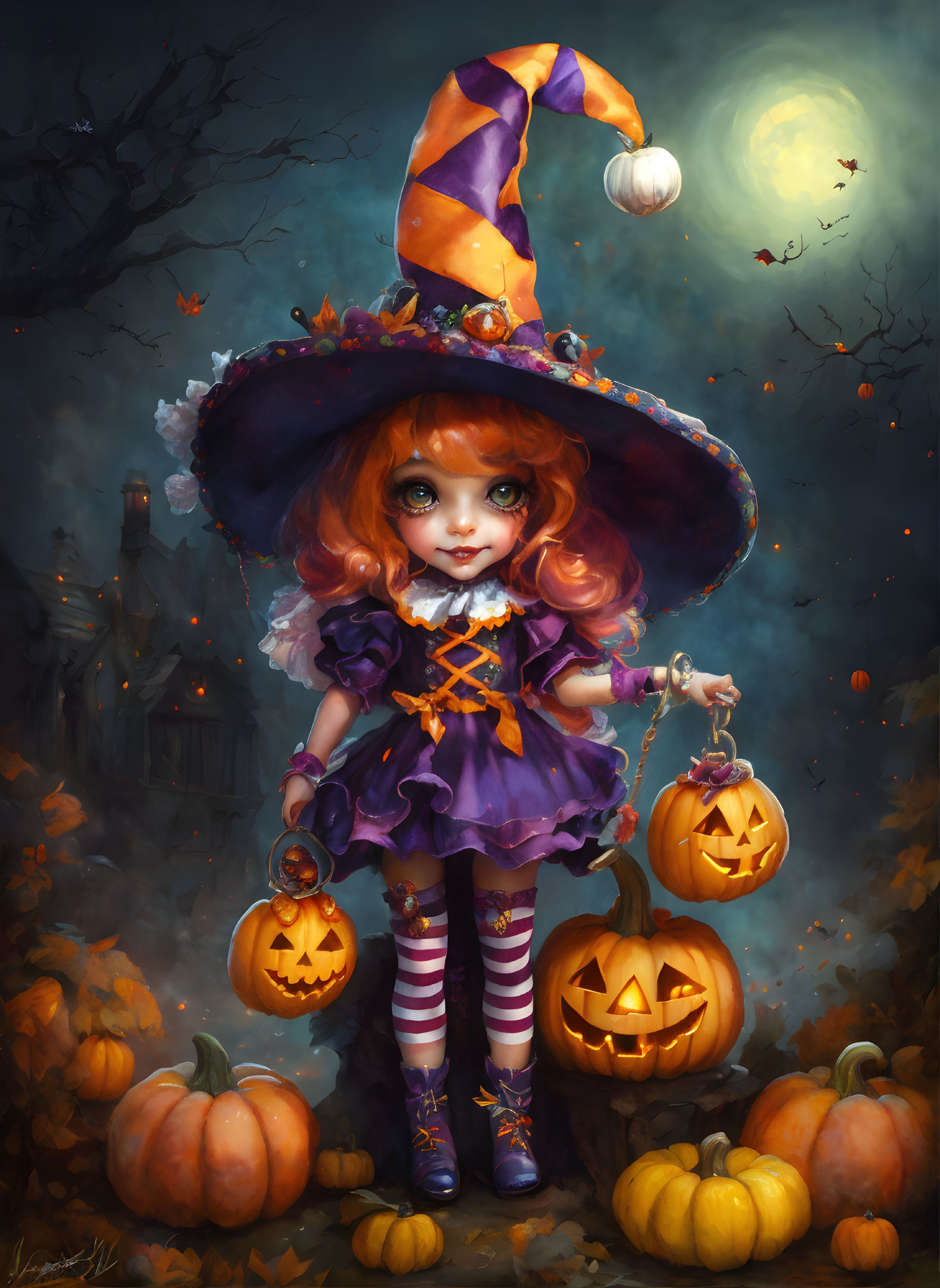 Young girl in witch costume with pumpkin lantern under moonlit sky