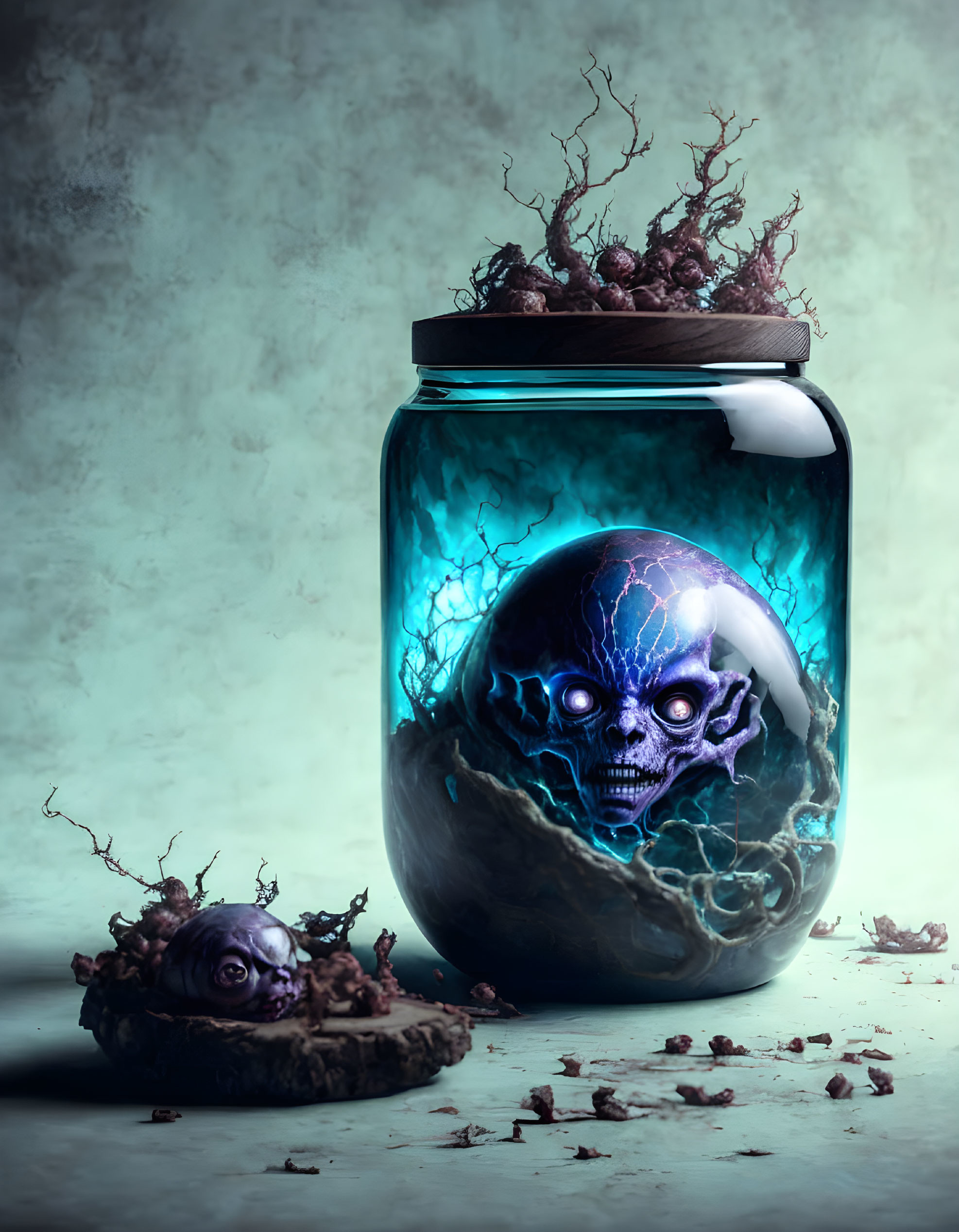 Intricate glowing skull in jar with roots and smaller skull on textured backdrop