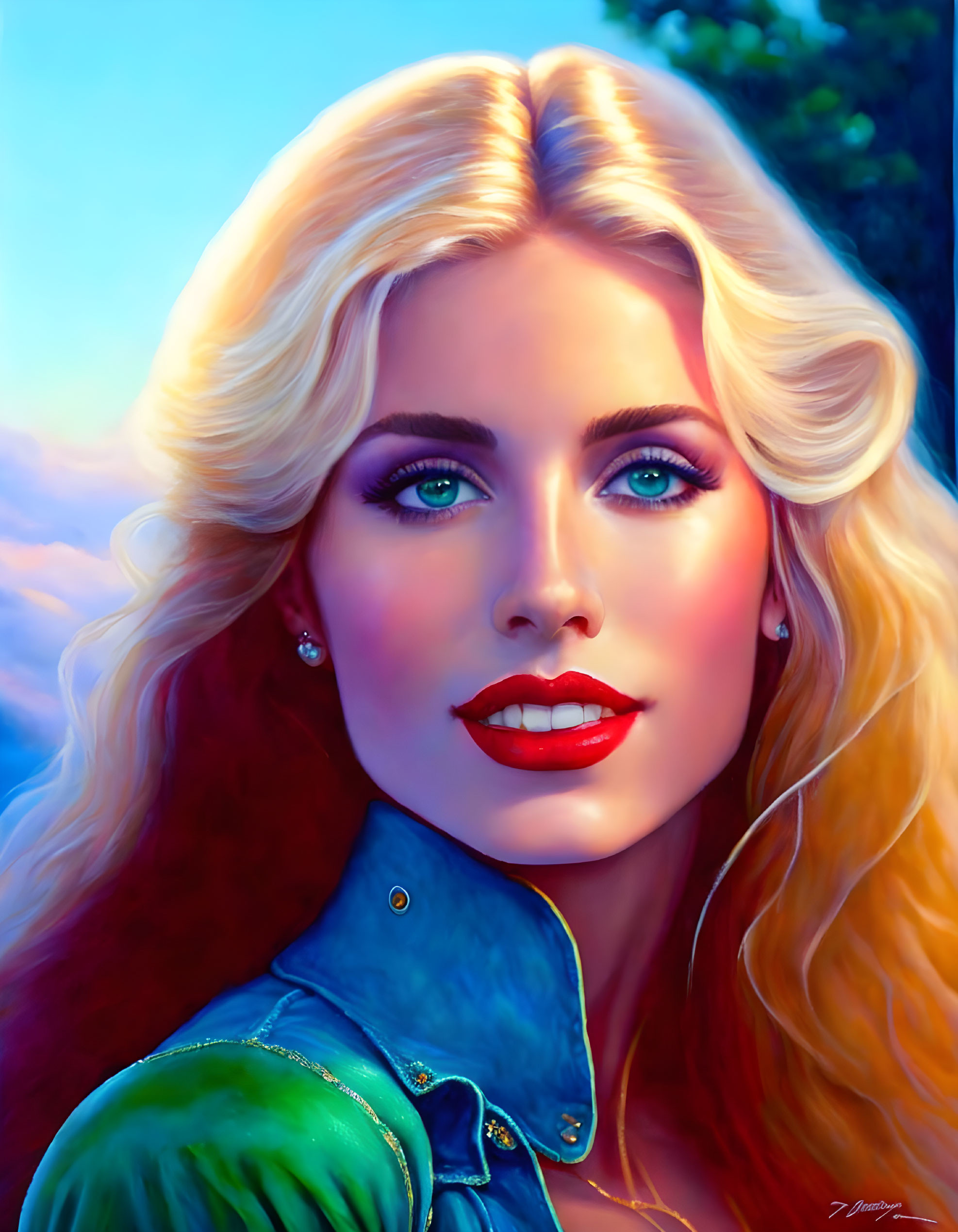 Blonde woman portrait with blue eyes and red lipstick against soft-focus background