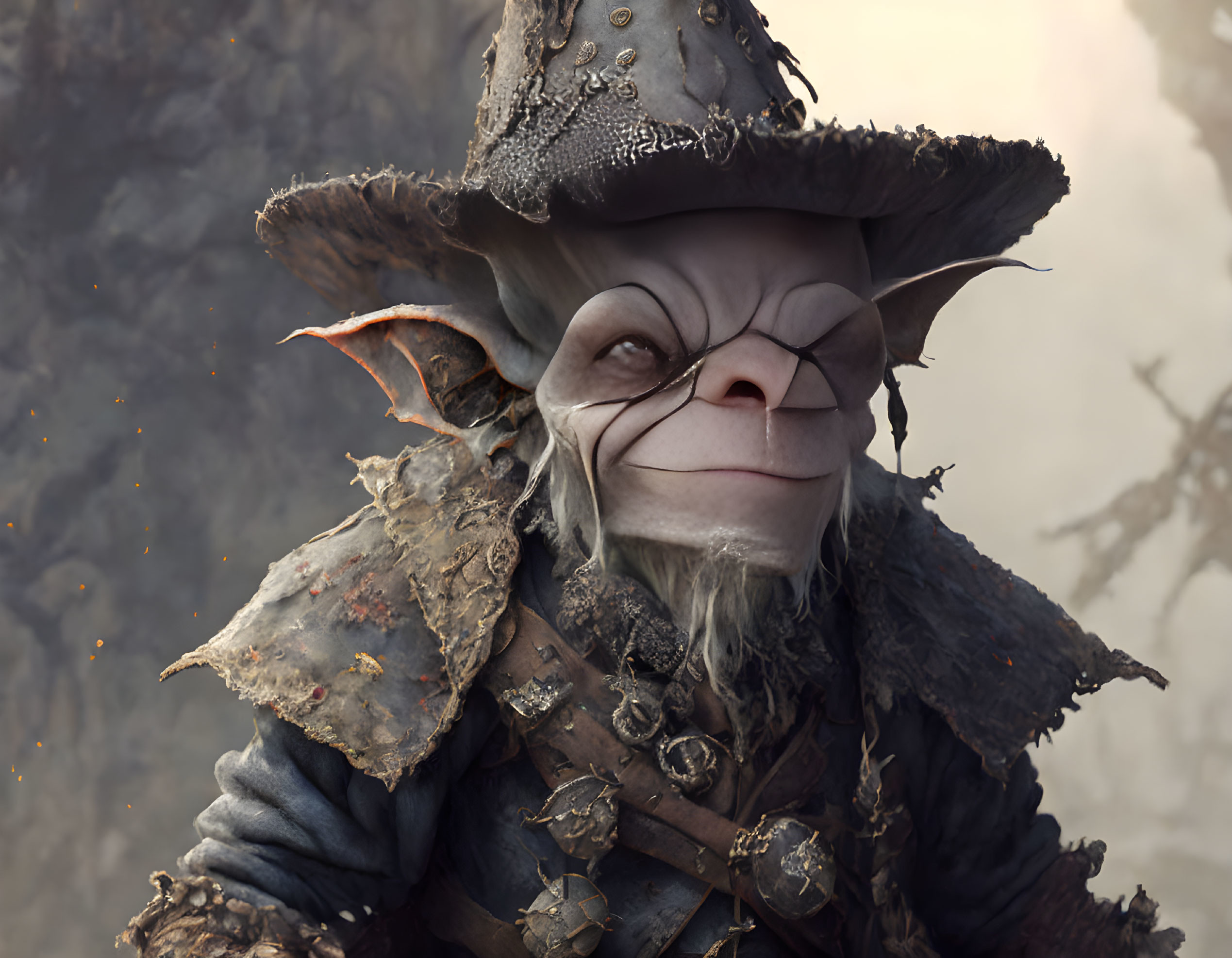 Wrinkled face fantasy creature in wide-brimmed hat and textured coat